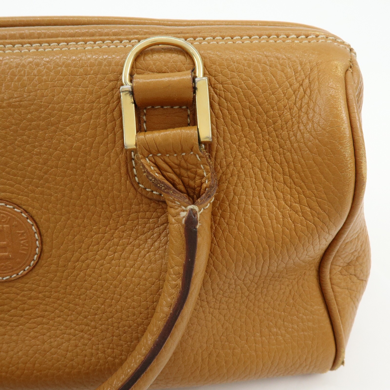 FENDI FF Logo Leather 2Way Bag Hand Bag Boston Bag Camel Authentic Used F/S