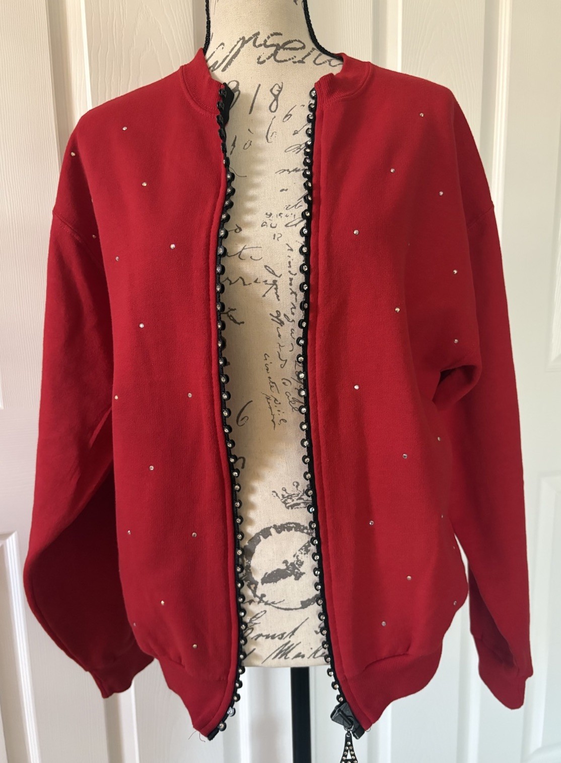 GET LUCKY Bling Studded Sweatshirt Jacket Rhinestone Accent Full Zip Red M