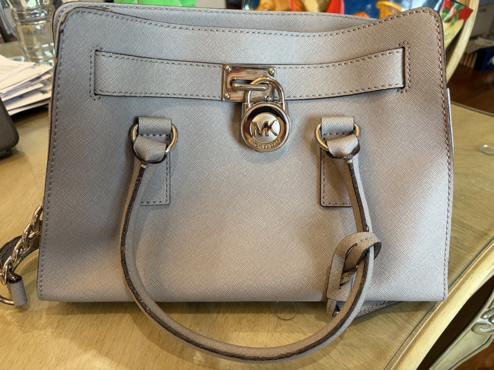 Michael Kors Gray Hamilton Satchel Top Handle MK Padlock Lock Silver Hardware
