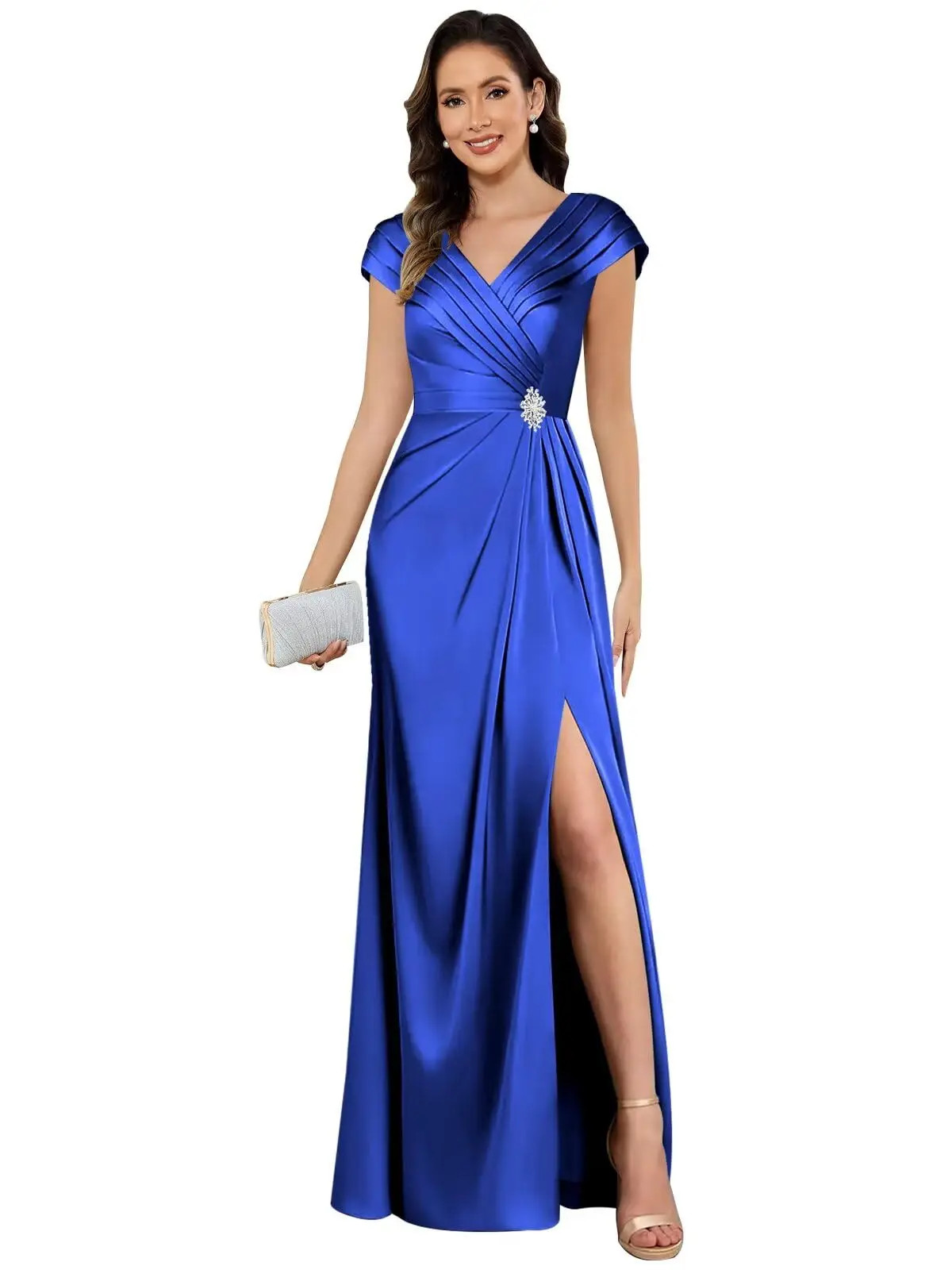 Customized Satin Mother of The Bride Dresses with Slit VNeck Beaded Formal Dress