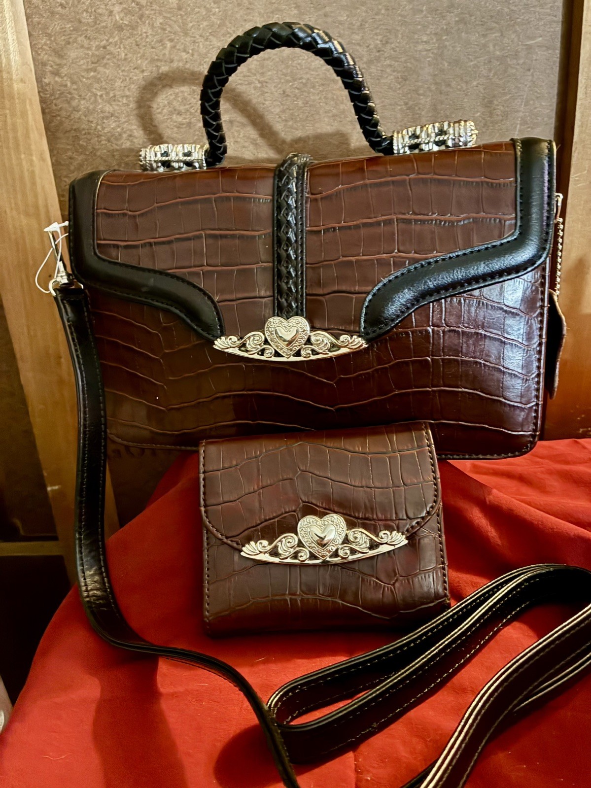 M.C. Crossbody Faux Brown Crocodile Handbag with matching wallet (Brand New)