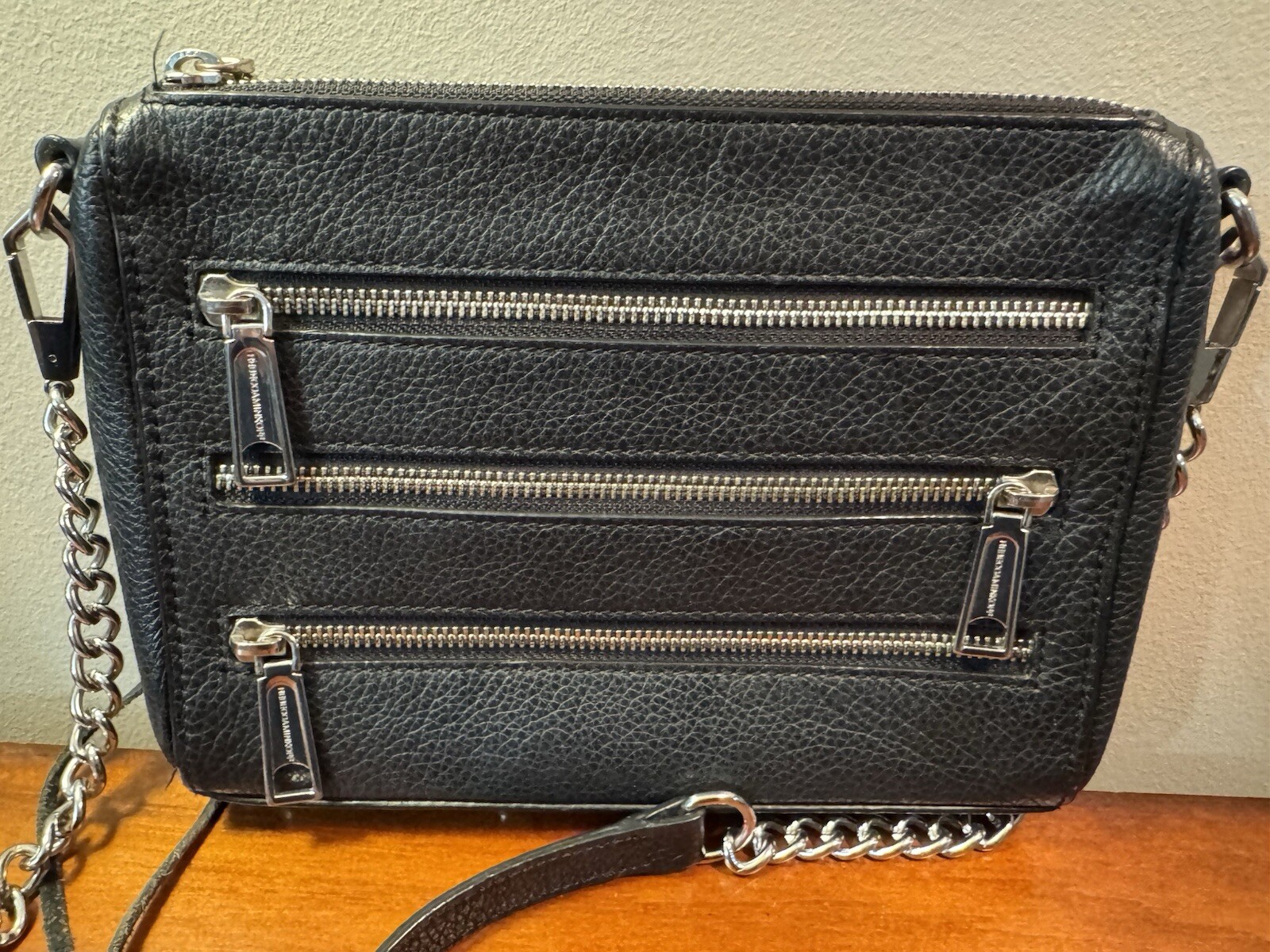 Rebecca Minkoff Black Pebbled Leather Triple Zipper Chain Strap Crossbody Bag