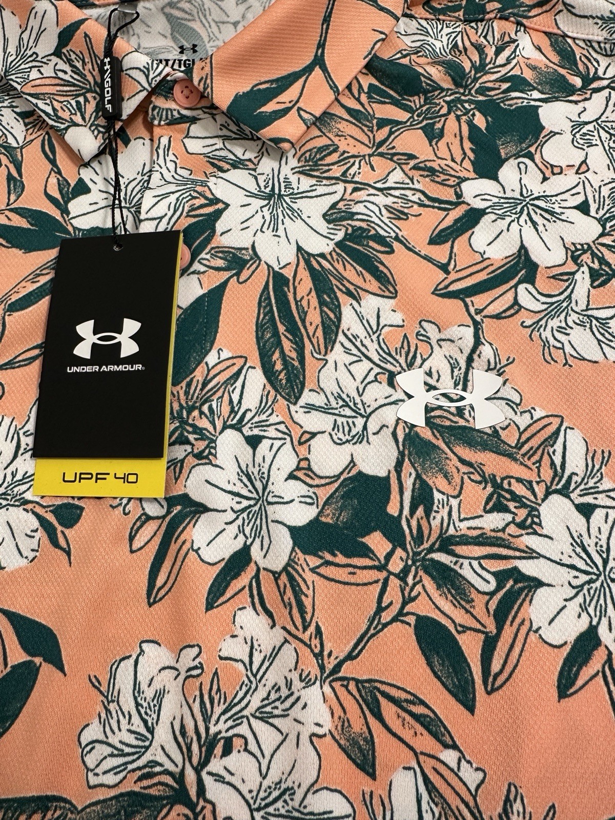 Under Armour Men’s Polo UA Matchplay Printed Floral Peach Green White NWT Golf