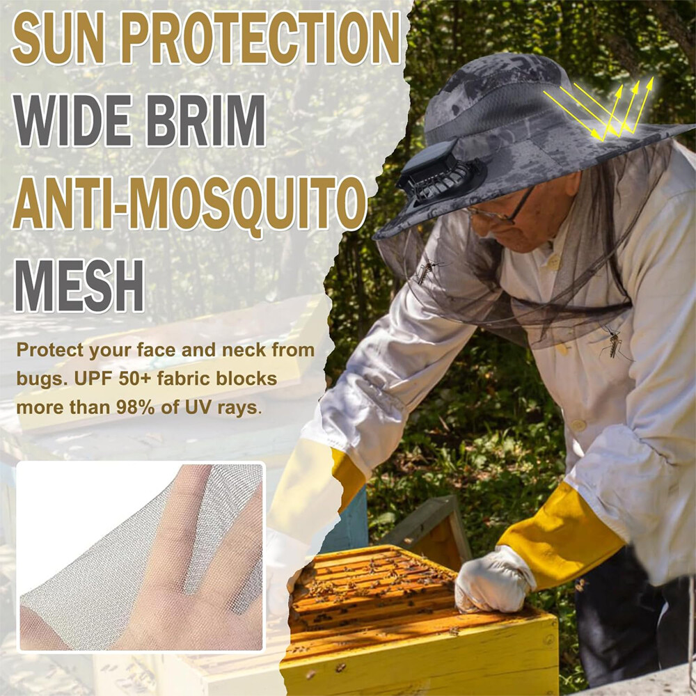 Mosquito Net Hat With Solar Fan Wide Brim Fishing Outdoor Men Women Sun Cap Gift