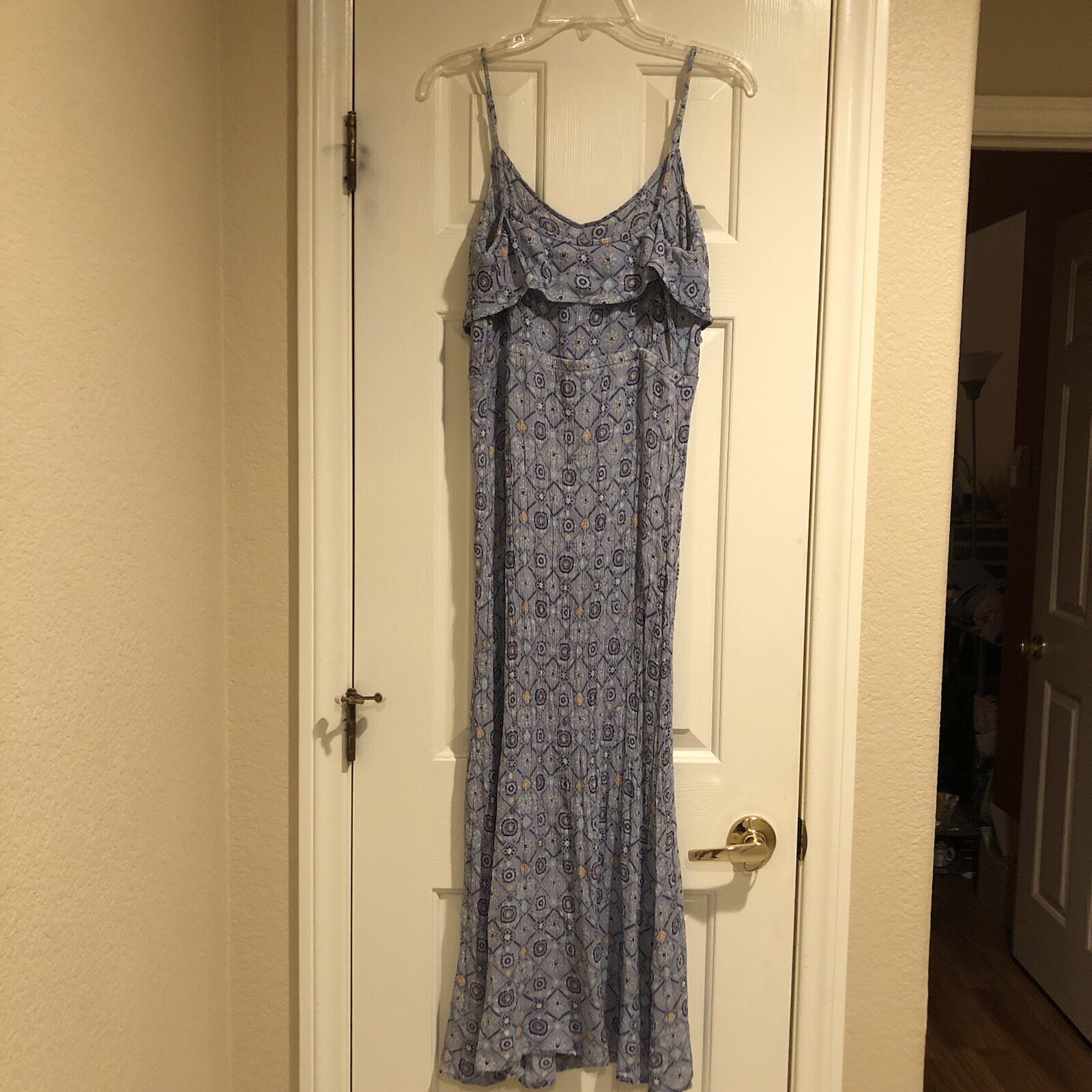 Mudd Blue Floral Maxi Dress Size Large Adj Straps Flounce Front Gauz Fabric Boho