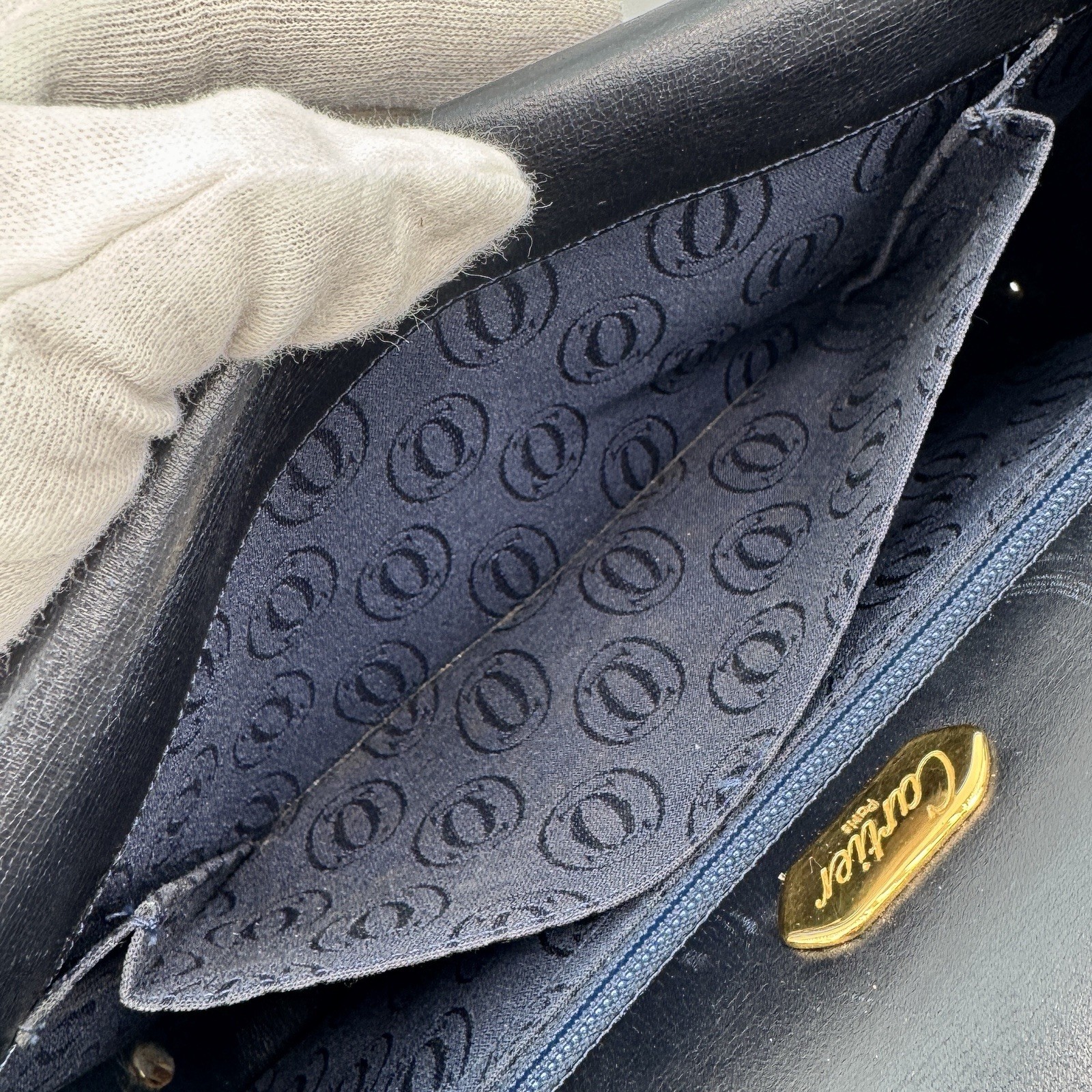 Cartier Sapphire Shoulder Bag Leather Black Gold Authentic