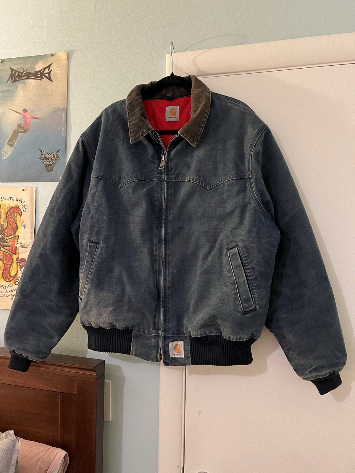 Vintage Carhartt Santa Fe Workwear Jacket Navy Blue XL Red Quilt Lined Sun Faded