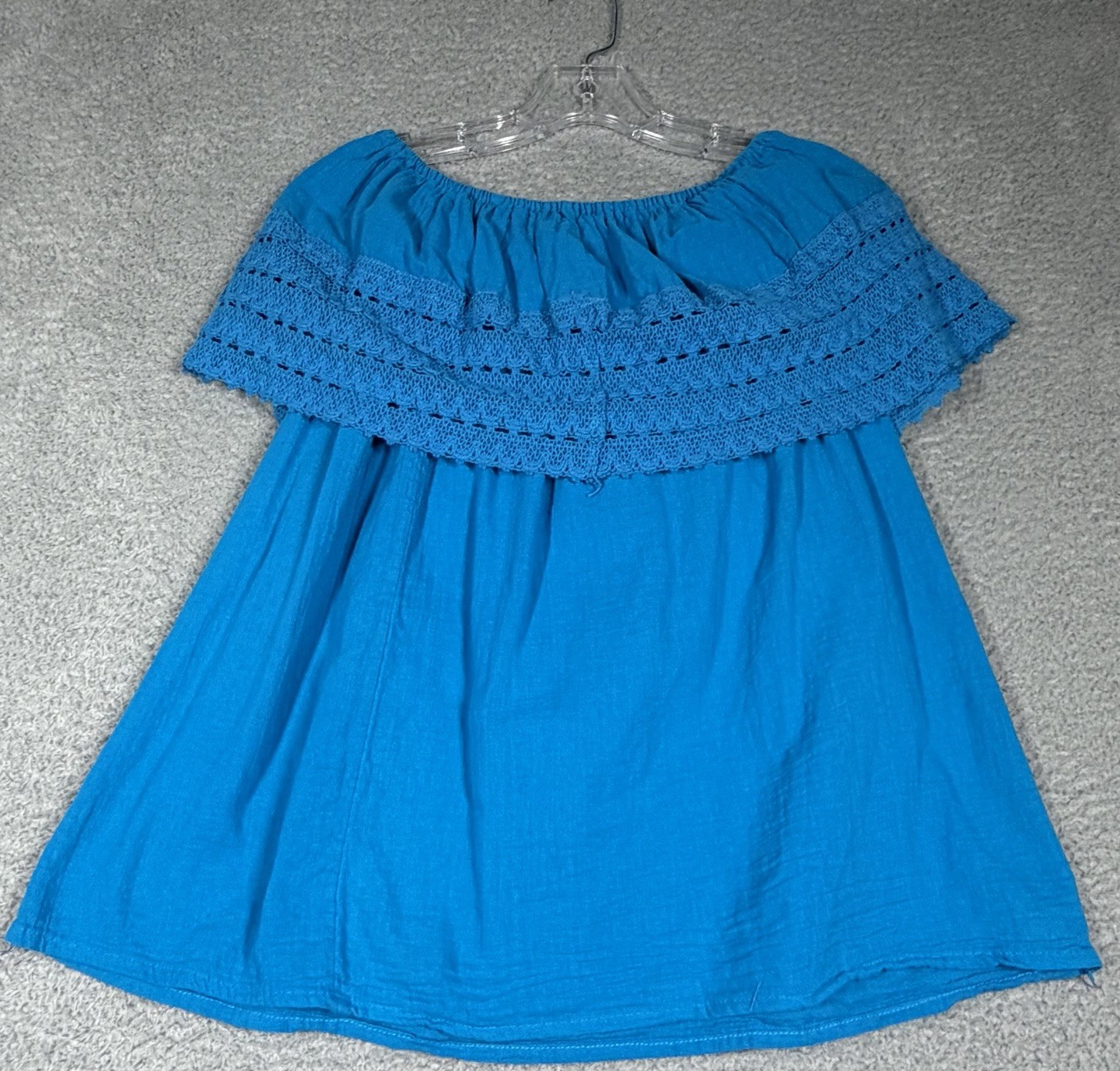 Mexican Blouse Blue Womens L / XL Floral Embroidery Lace Trim Off The Shoulder