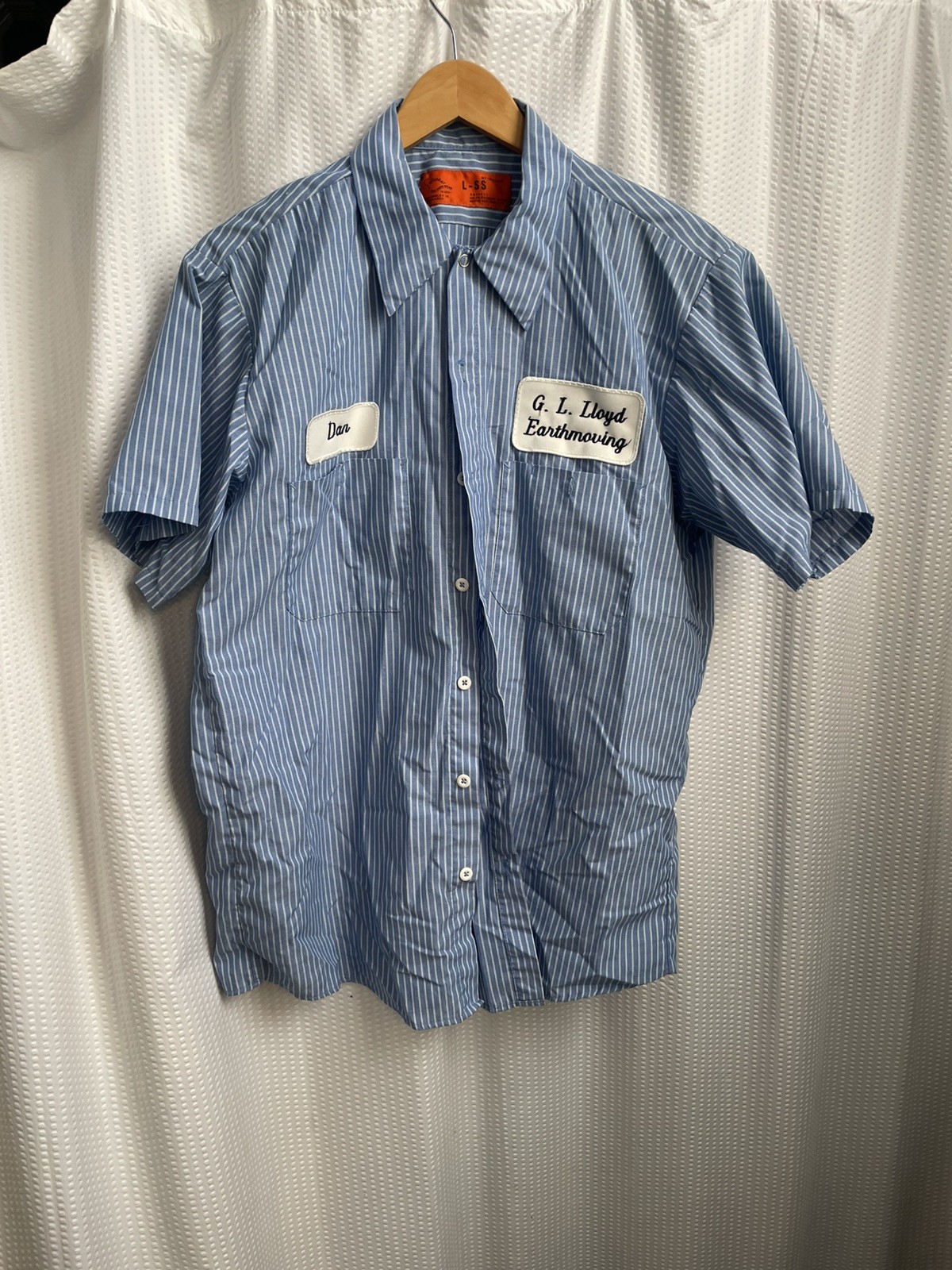 Vintage Work Shirt Striped Blue S.S. Mechanic Mens L DAN G. L. Lloyd Excavating