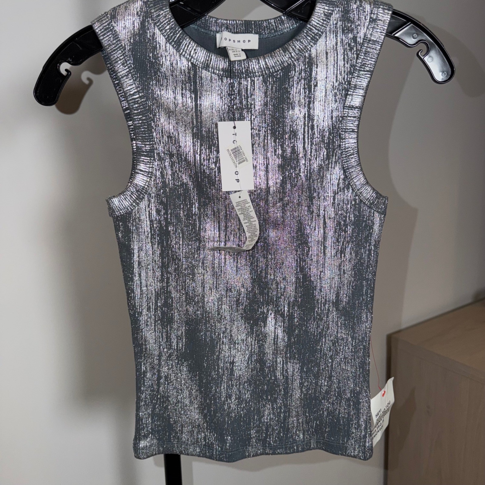 Topshop Womens Metallic Silver Foil Ribbed Knit Tank Top Crew Neck XS NWT