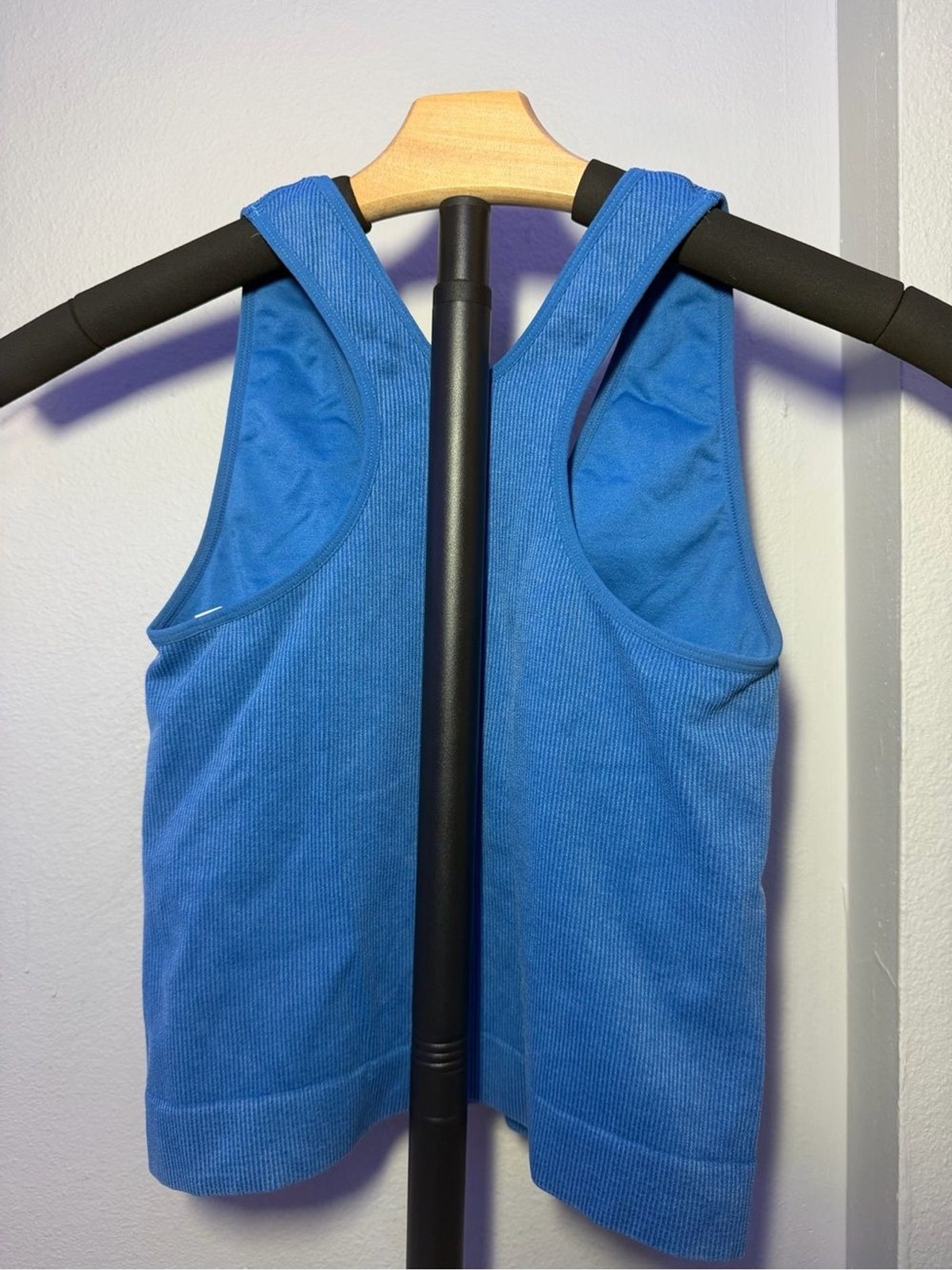 Joy Lab Women’s Blue Ribbed V-Neck Tank Top with Razor back and built-in bra.