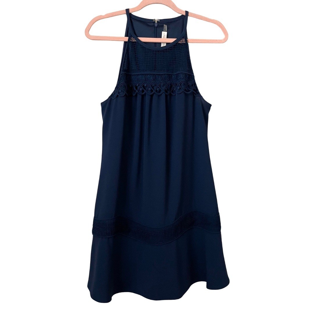 Ramy Brook Dress Womens Size 6 Navy Blue Mini Halter Crochet Shift Quiet Luxury
