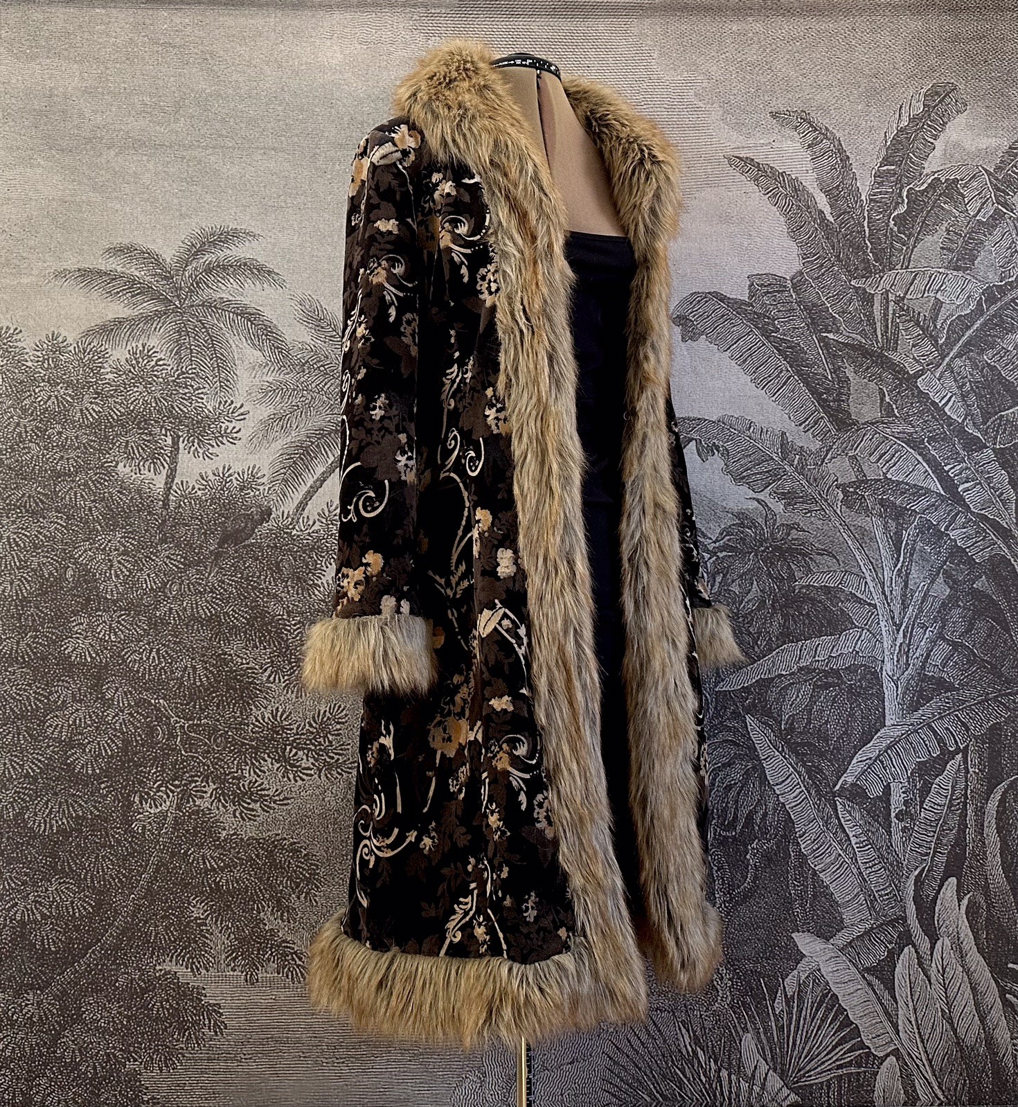 Stunning Rare Vintage Afghan Coat Floral Corduroy Fur 70s Boho Hippy Jacket Sz M