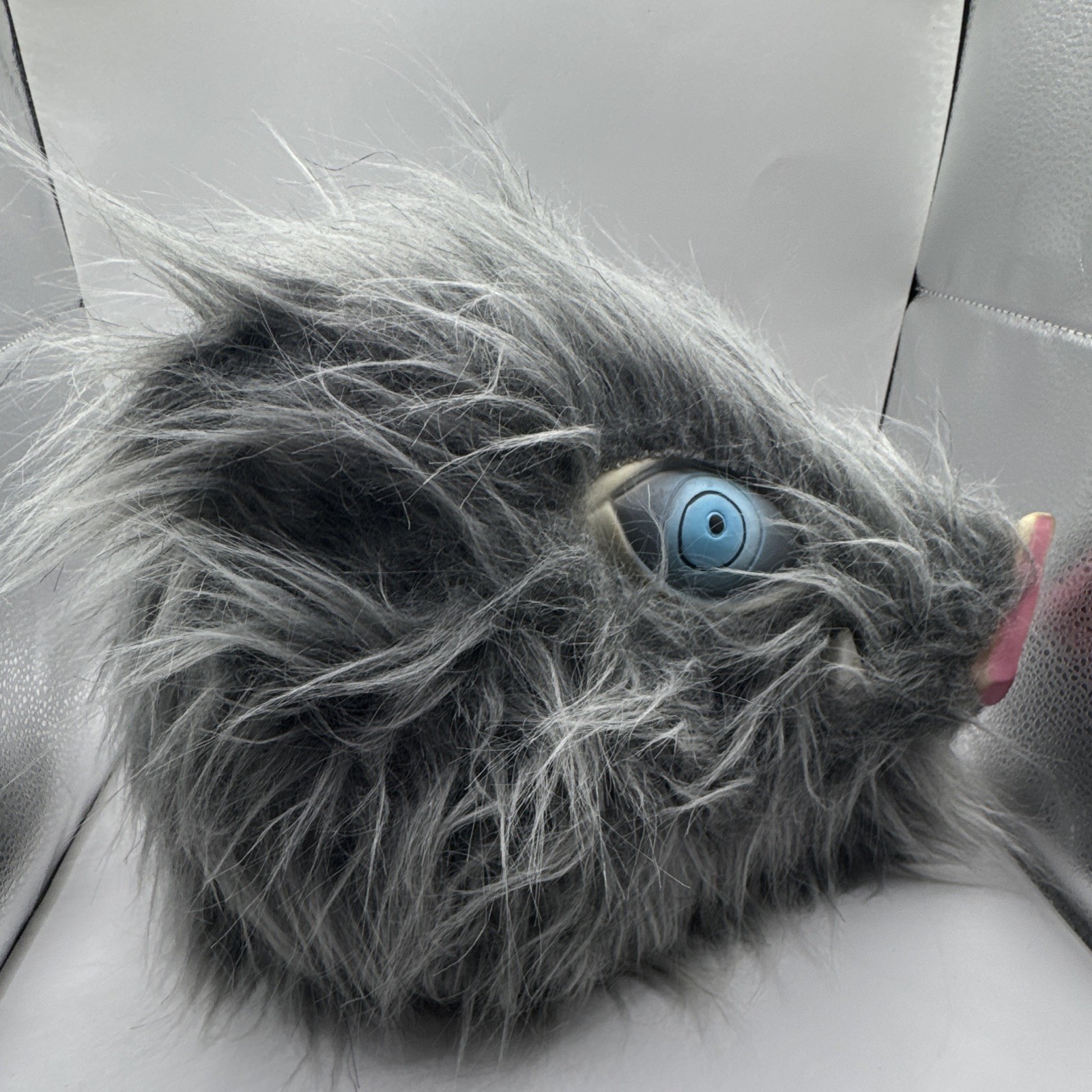 Gray Latex Animal Full Head Mask w/ Hair, Snout & Blue Eyes – One Size