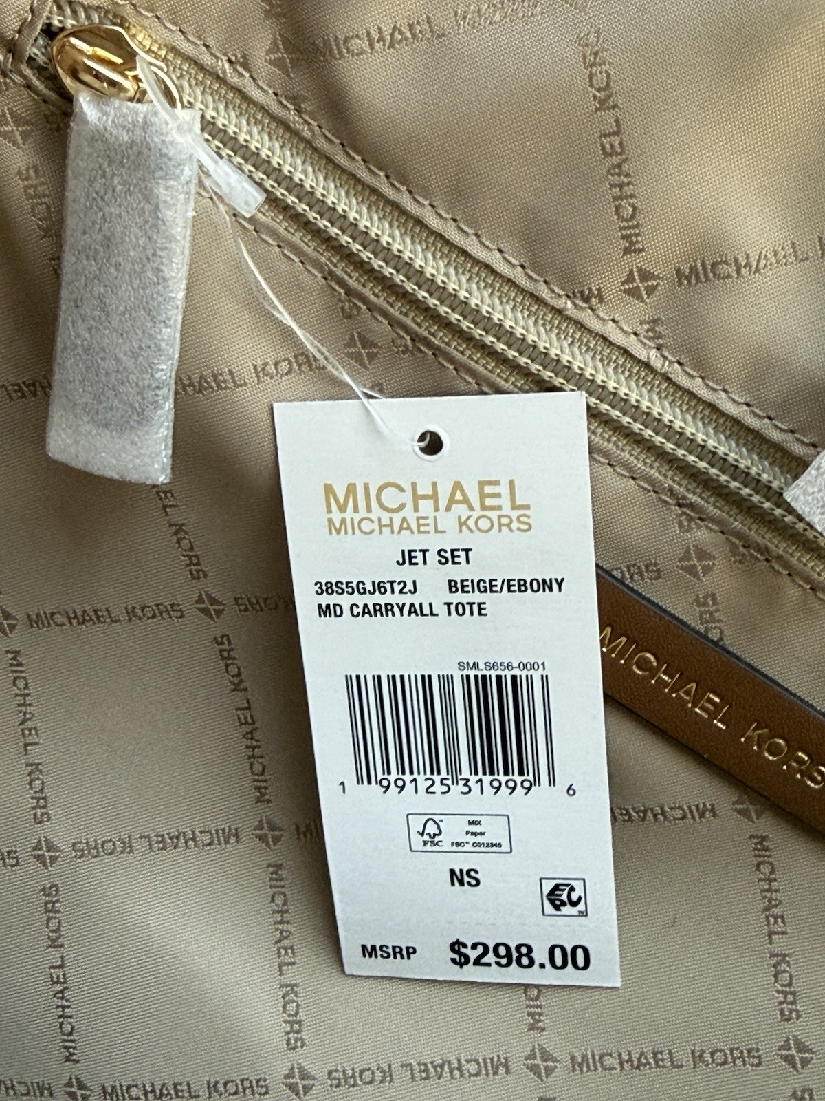Michael Kors Jet Set Medium Carryall Tote Beige Ebony MK Logo NWT MSRP $298