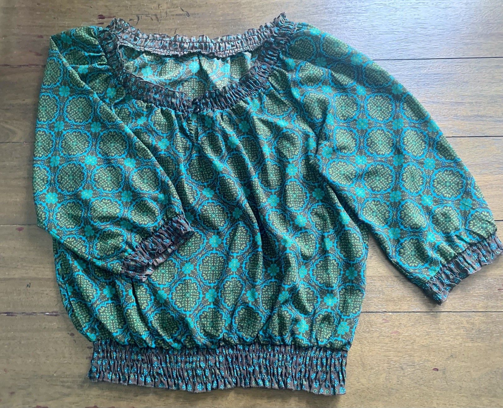 Teal Brown Floral Boho Peasant Blouse Smocked Off-Shoulder 3/4 Puff L