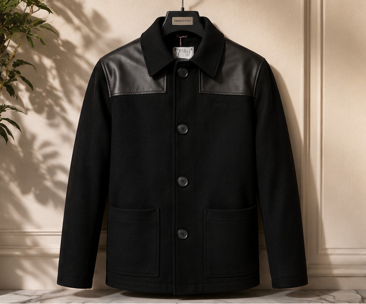 Donkey Jacket Men’s 100% Wool Genuine Black Leather Patches Winter Warm Coat