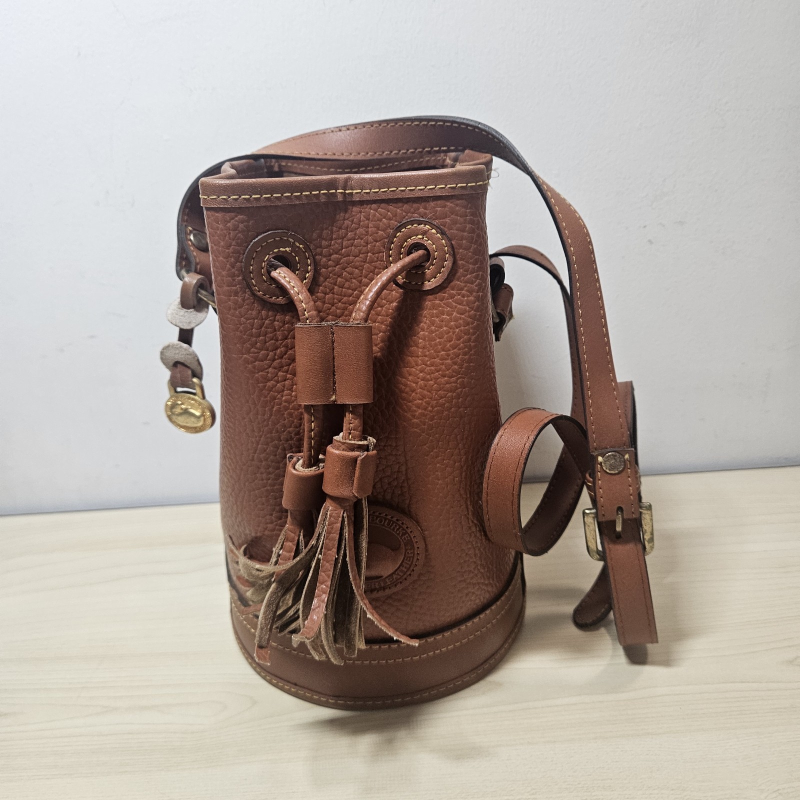 Vintage Dooney Bourke Drawstring Bucket Bag Brown All Weather Leather AWL