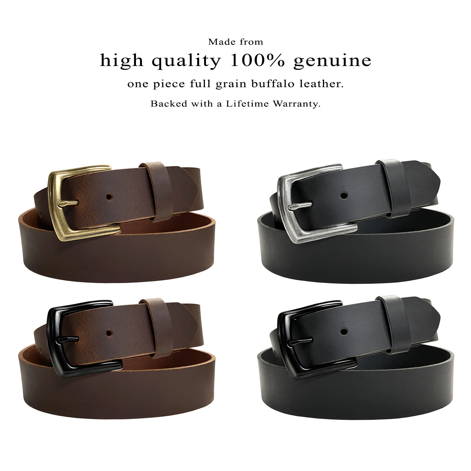 Full Grain Buffalo Leather Casual Jean Belt with Metal Buckle 1-1/2″(38mm) Wide