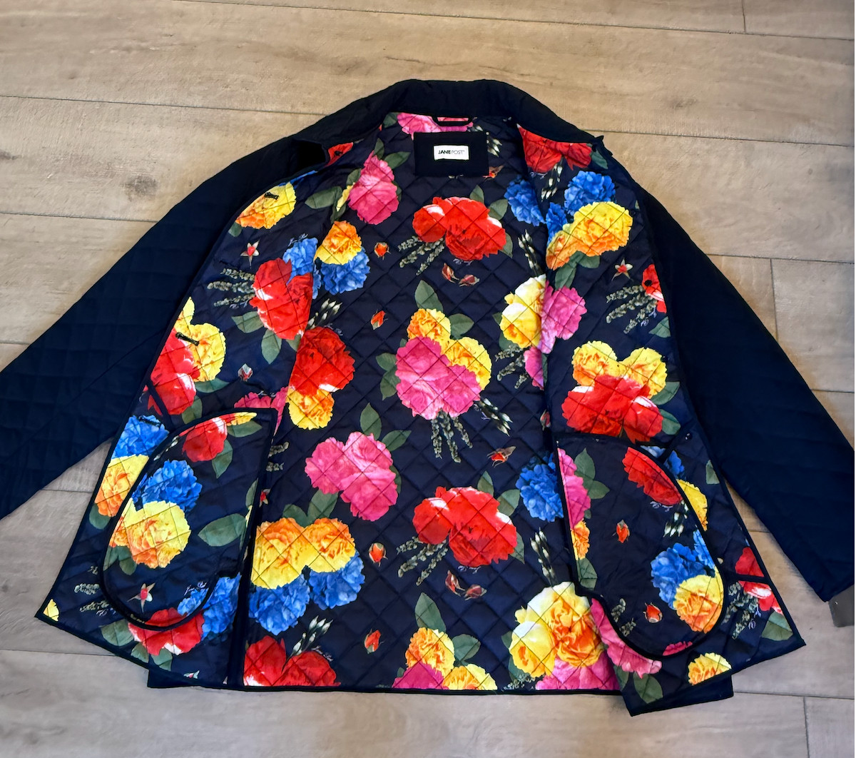 NWT JANE POST BLUE QUILTED FLORAL LINING JACKET $340 PLUS SIZE 1X