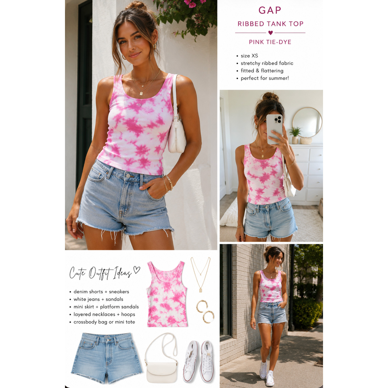 GAP Women’s XS Pink White Tie Dye Ribbed Knit Tank Top Stretch Casual EUC