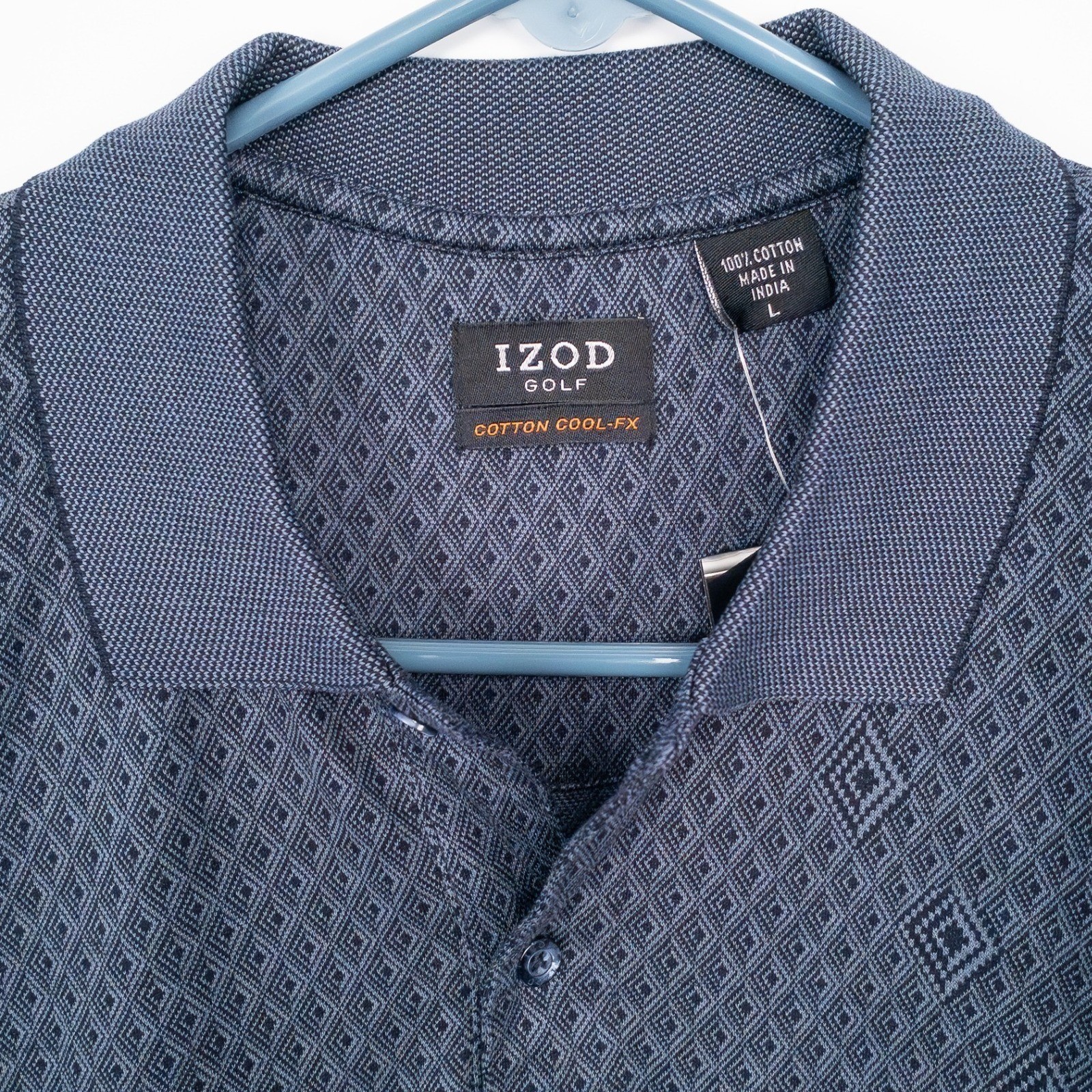 IZOD Golf Polo Shirt Mens Large Navy Blue Geometric Cool-FX 100% Cotton NWT