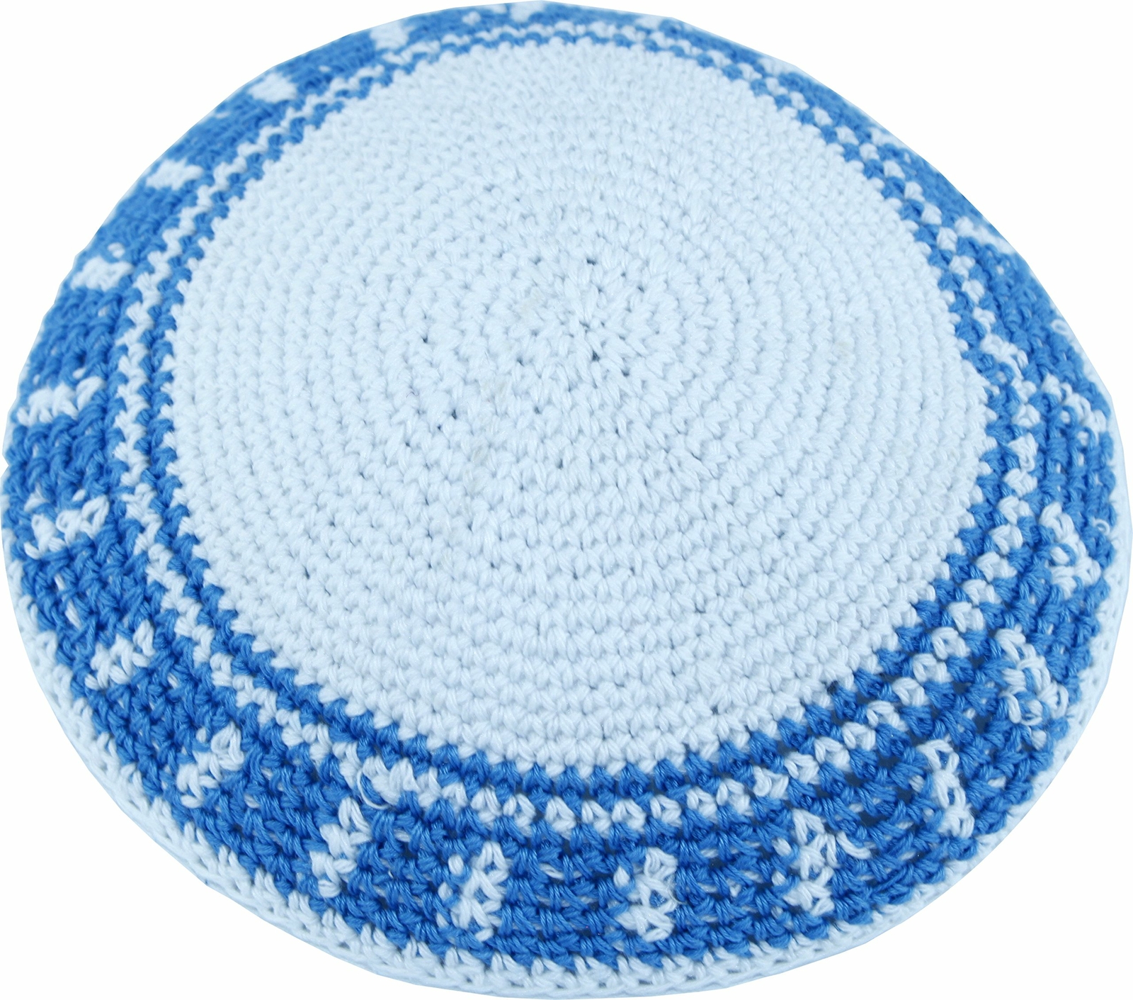 White/Sky Blue 17cm DMC 100% Knitted Cotton Kippah Torah Chabad Cap Jewish