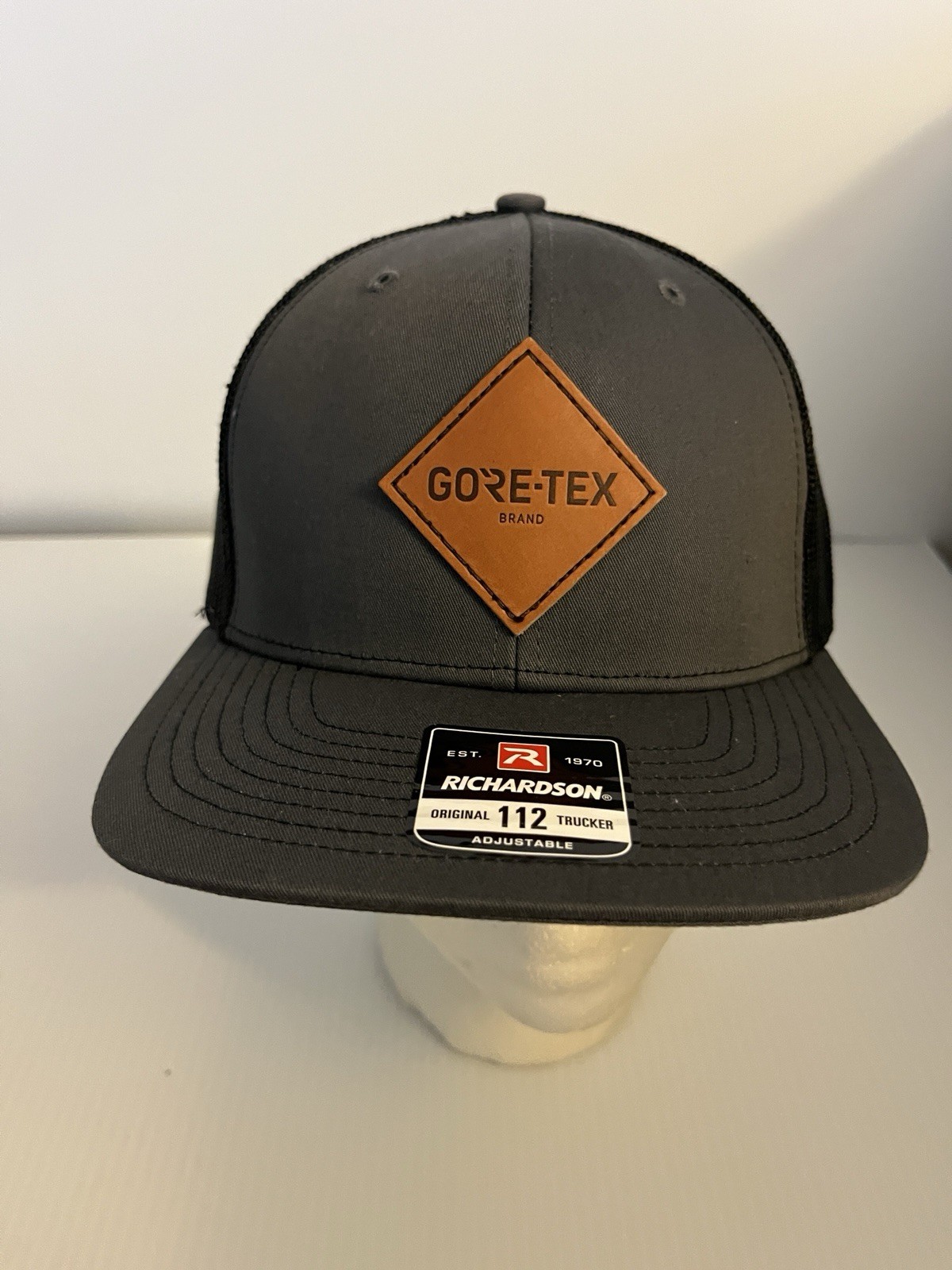 Gore-Tex Hat Cap Mesh Snap Back Mens Grey Black Richardson Trucker Leather Patch