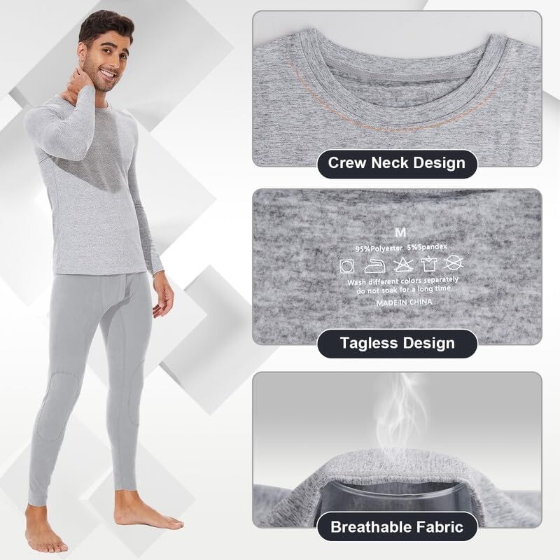 Men Thermal Long Sleeve Undershirt Keep Warm Fleece Lined Long John Thermal Sets