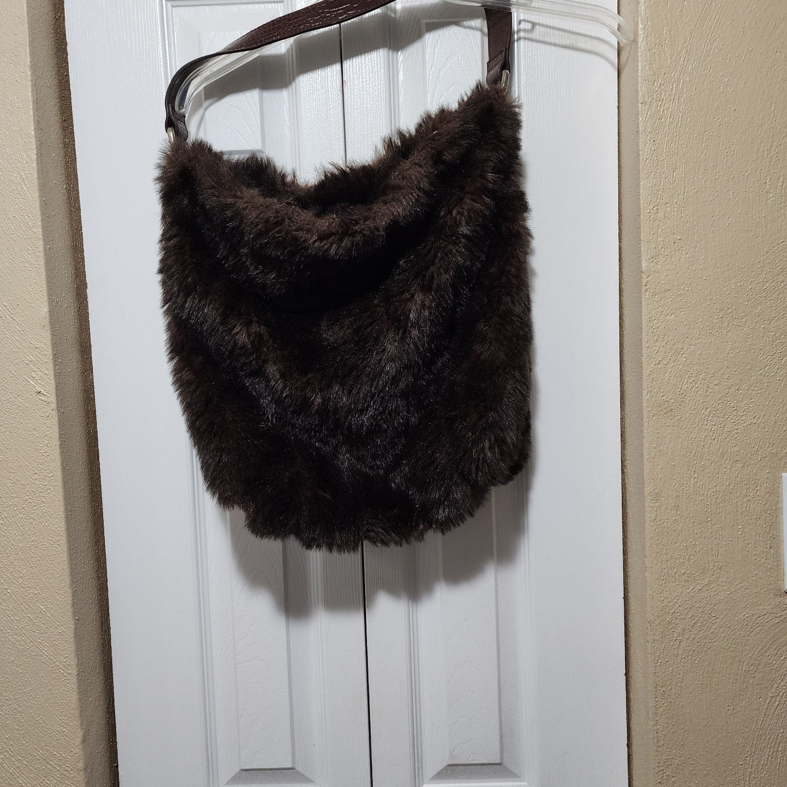Cool, FunBrown Solid Faux Fur Shoulder Bag Purse Fur Trim Shoulder Strap