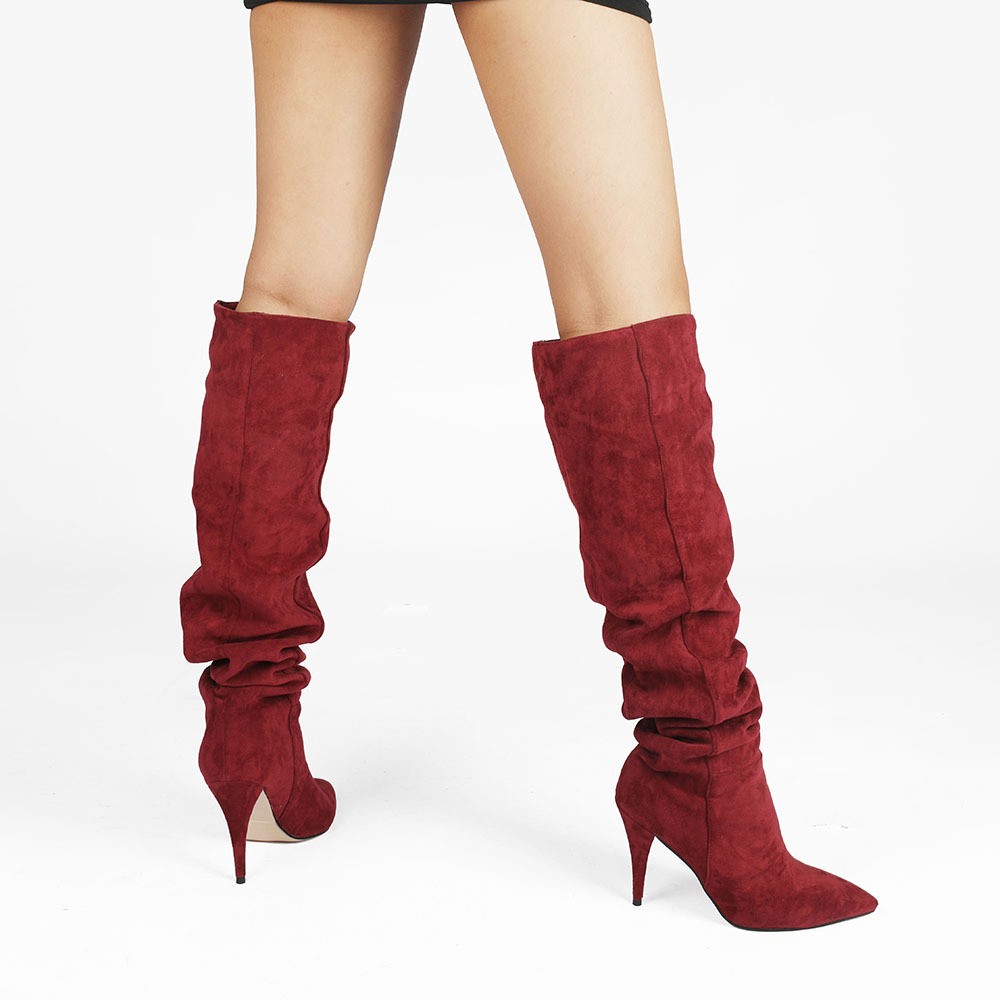 2026 Womens Pointy Toe Pleated Knee High Boots Pointed Oversized Stiletto Heels