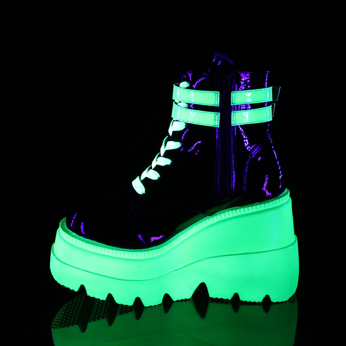 DEMONIA SHAKER-52 Women’s Wedge Platform Black Neon Green Lace-Up Ankle Boots