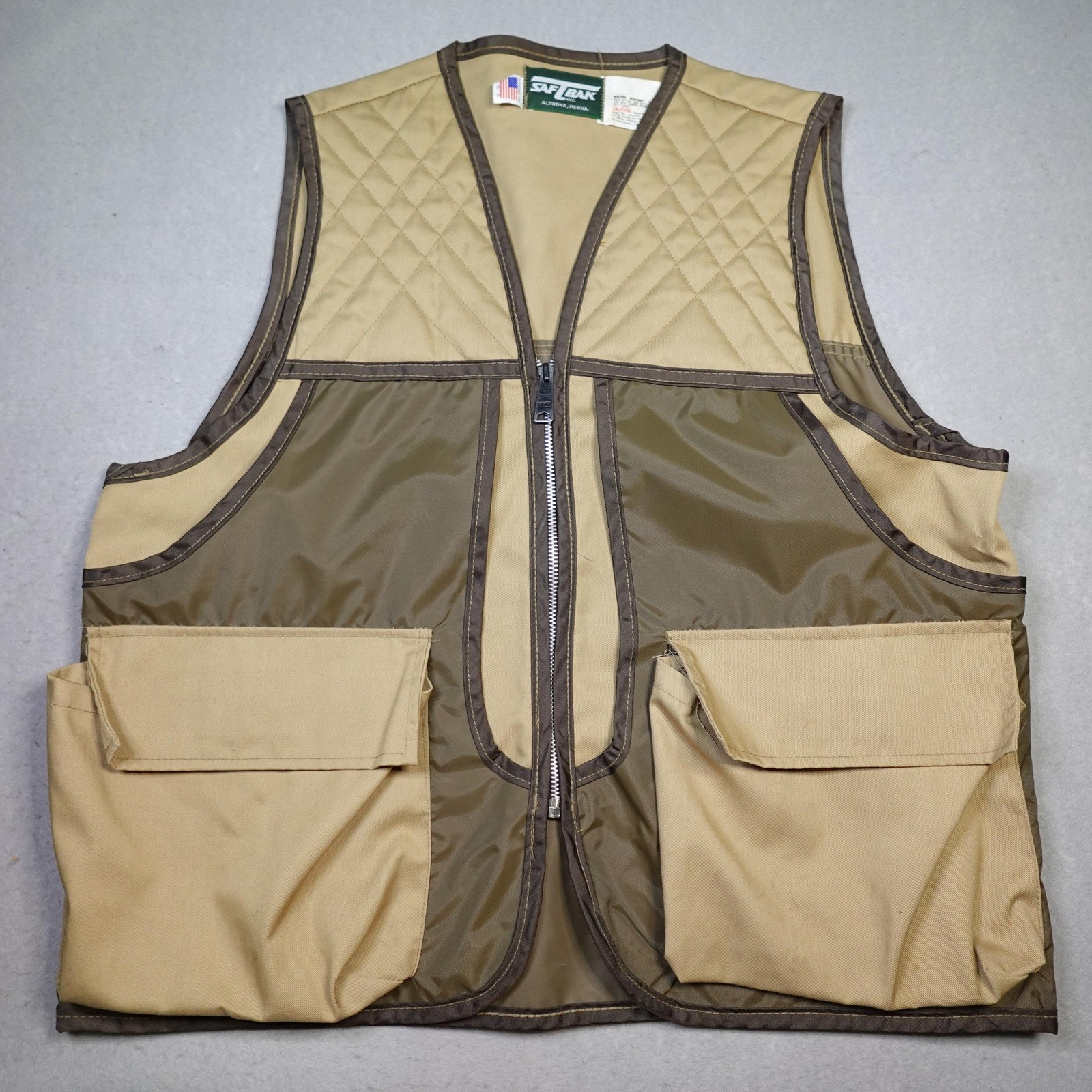 Saf-T-Bak Hunting Vest Mens Tan Green Canvas Nylon Game Pouch Made USA