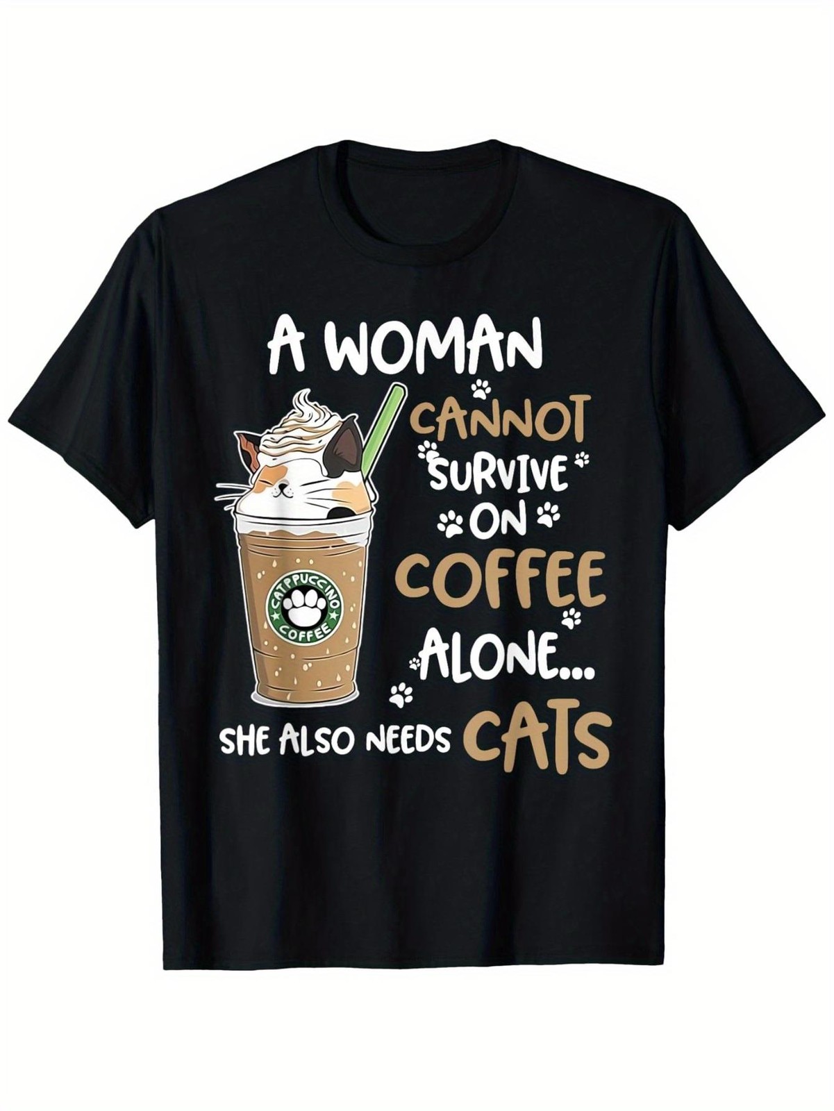 Women Funny Cat Coffee Lover Graphic T-Shirt Cute Kitty Casual Crew Neck Tee