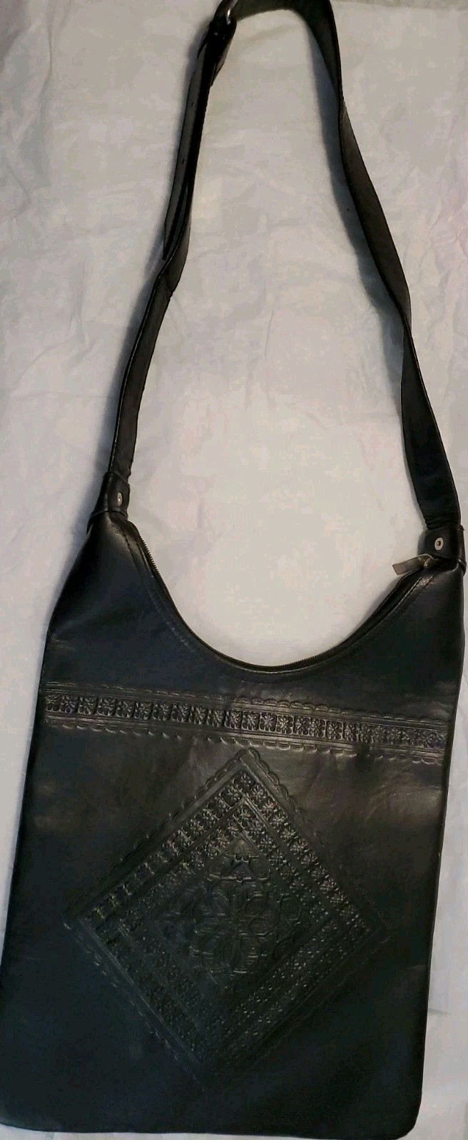 Morocco Inspired Tooled Leather Hobo Flat Shoulder Crossbody Bag Mandala Imprint