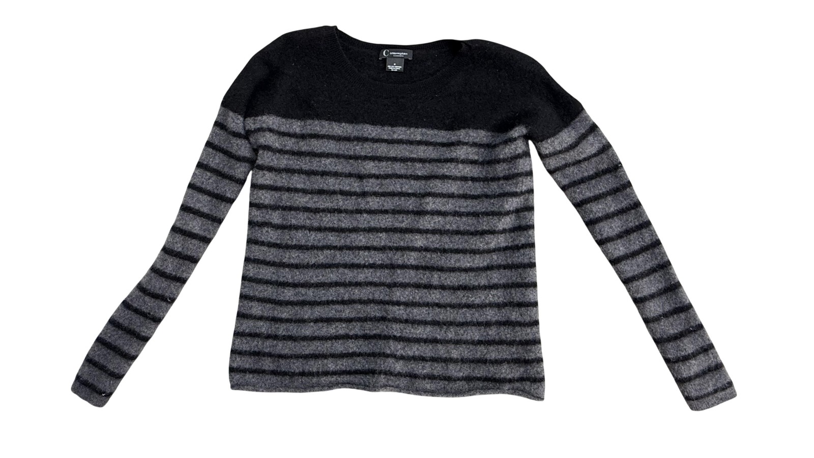 C By Bloomingdale’s Sweater Womens Medium Gray Black Striped Cashmere Crewneck
