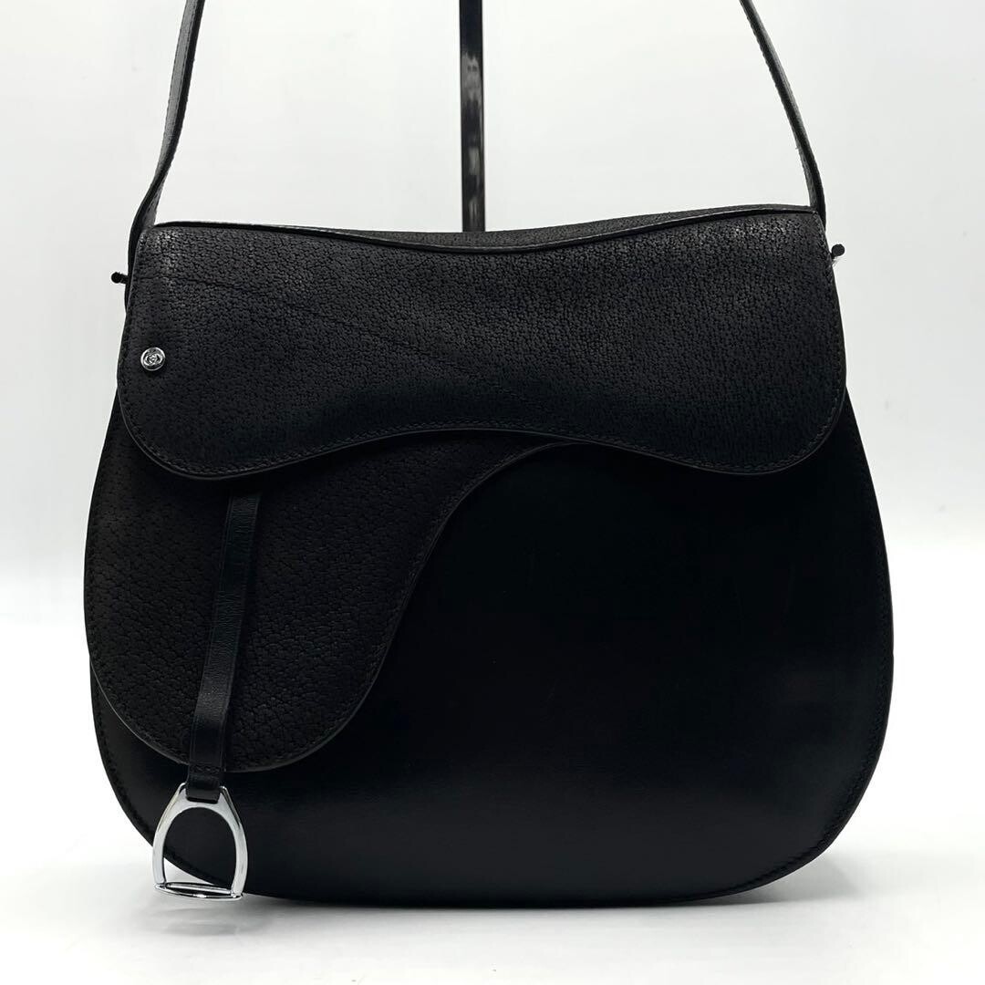 Gucci Vintage Interlocking GG Saddle Shoulder Bag Black Leather Suede Auth