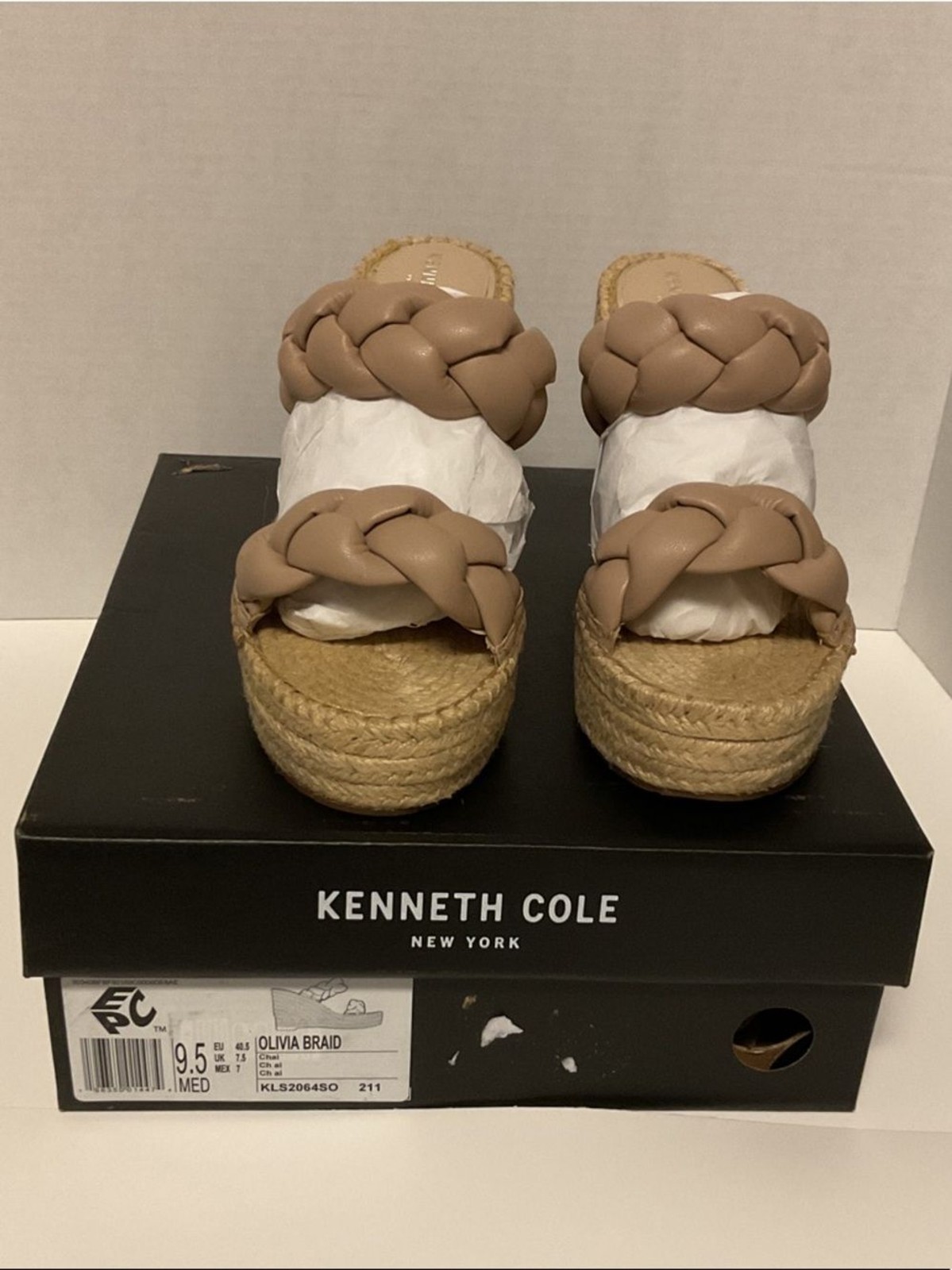 Kenneth Cole Tan Braided Double-Strap Espadrille Wedge Slides