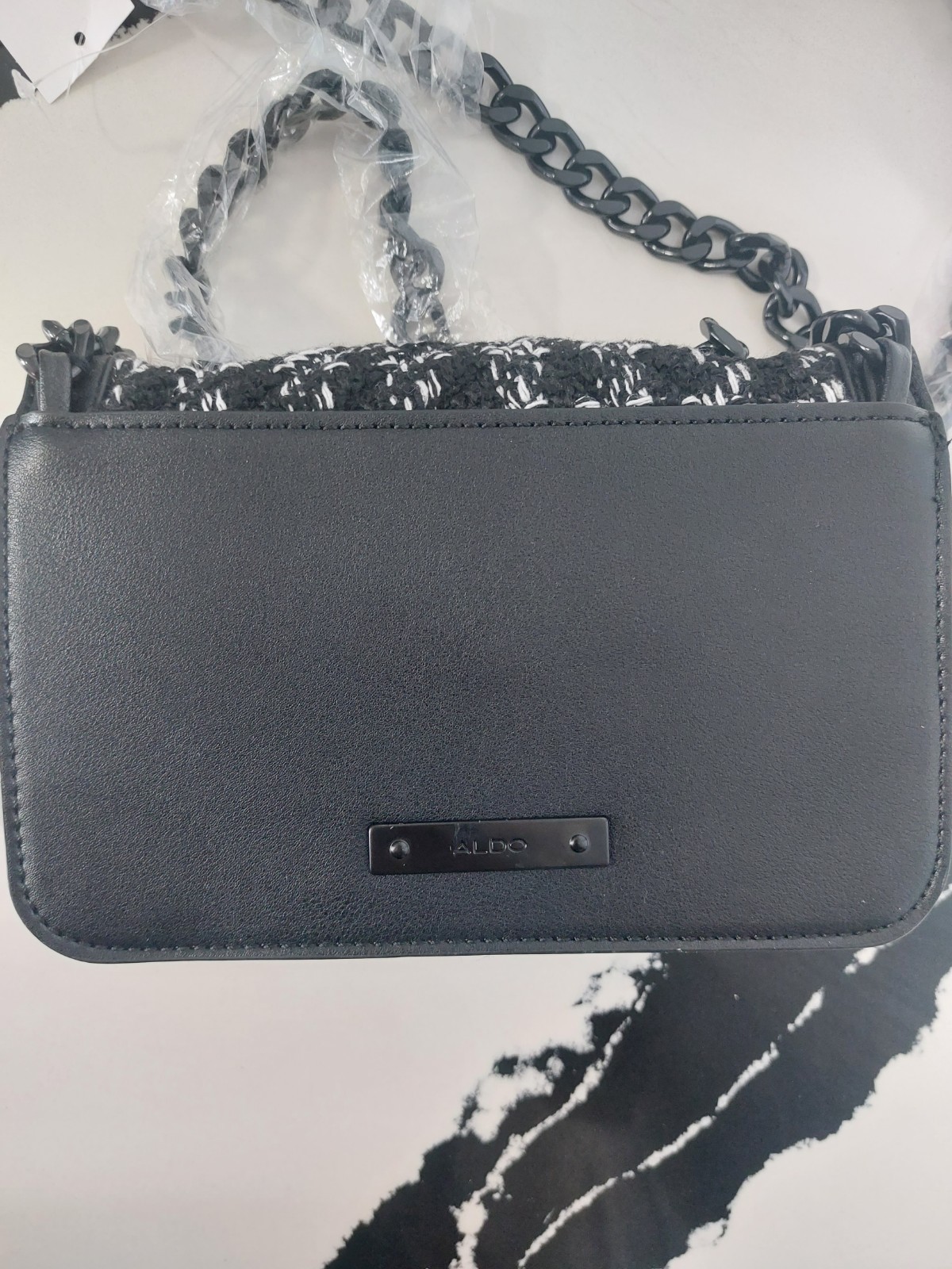 ALDO Black & White Tweed Flap Crossbody Chain Strap Magnetic Closure Small