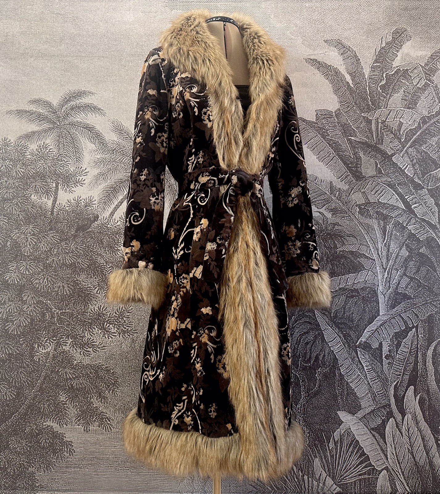 Stunning Rare Vintage Afghan Coat Floral Corduroy Fur 70s Boho Hippy Jacket Sz M