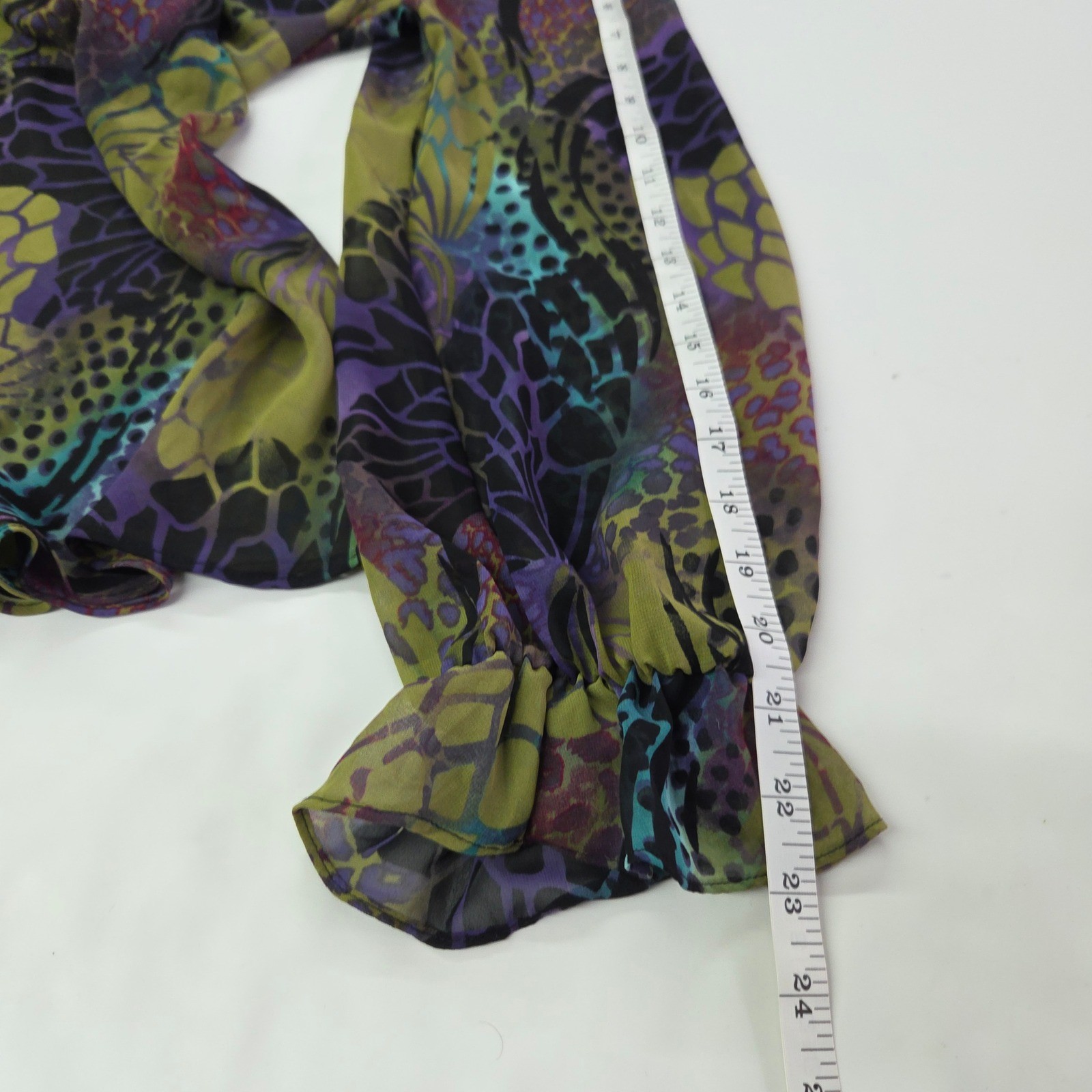 Bisou Bisou Tunic Blouse Womens S Purple Green Sheer Mesh Ruffle Butterfly Print