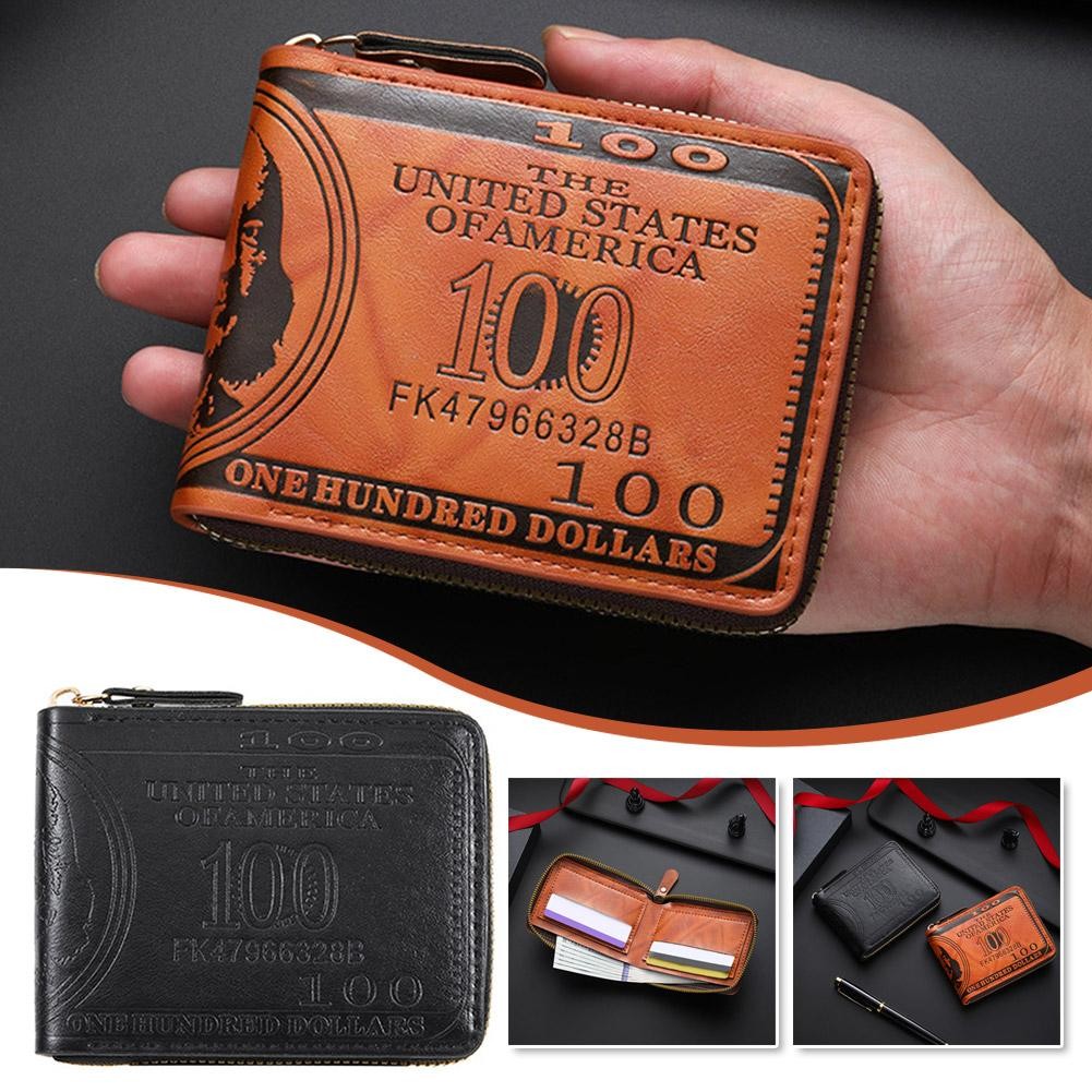 Men’s Wallets with 100 US Dollar Pattern Hasp Male Leather Wallet with Zipper