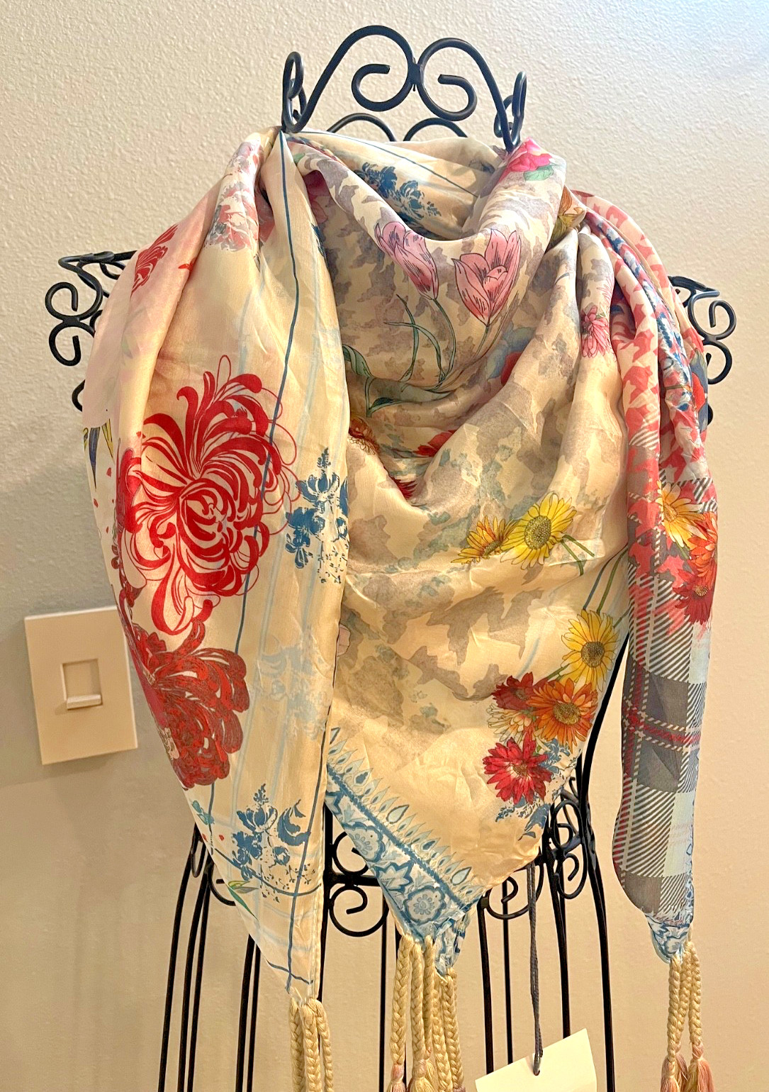 Johnny Was Silk Scarf with Tassels FOUR SEASONS New w Tags Floral Houndstooth