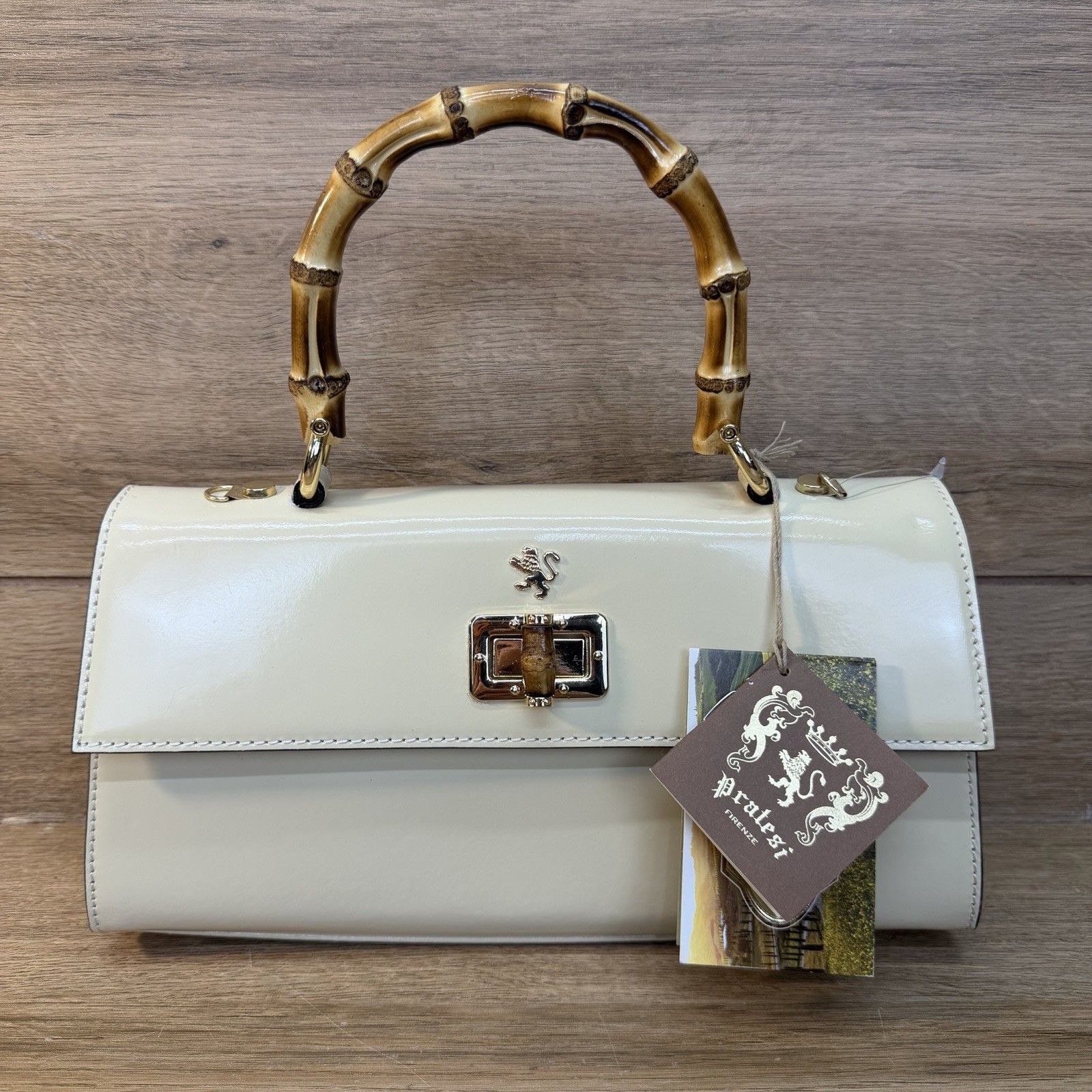 NWT Pratesi Bamboo Top Handle Bag Gold Hardware Detachable Chain Strap Beige