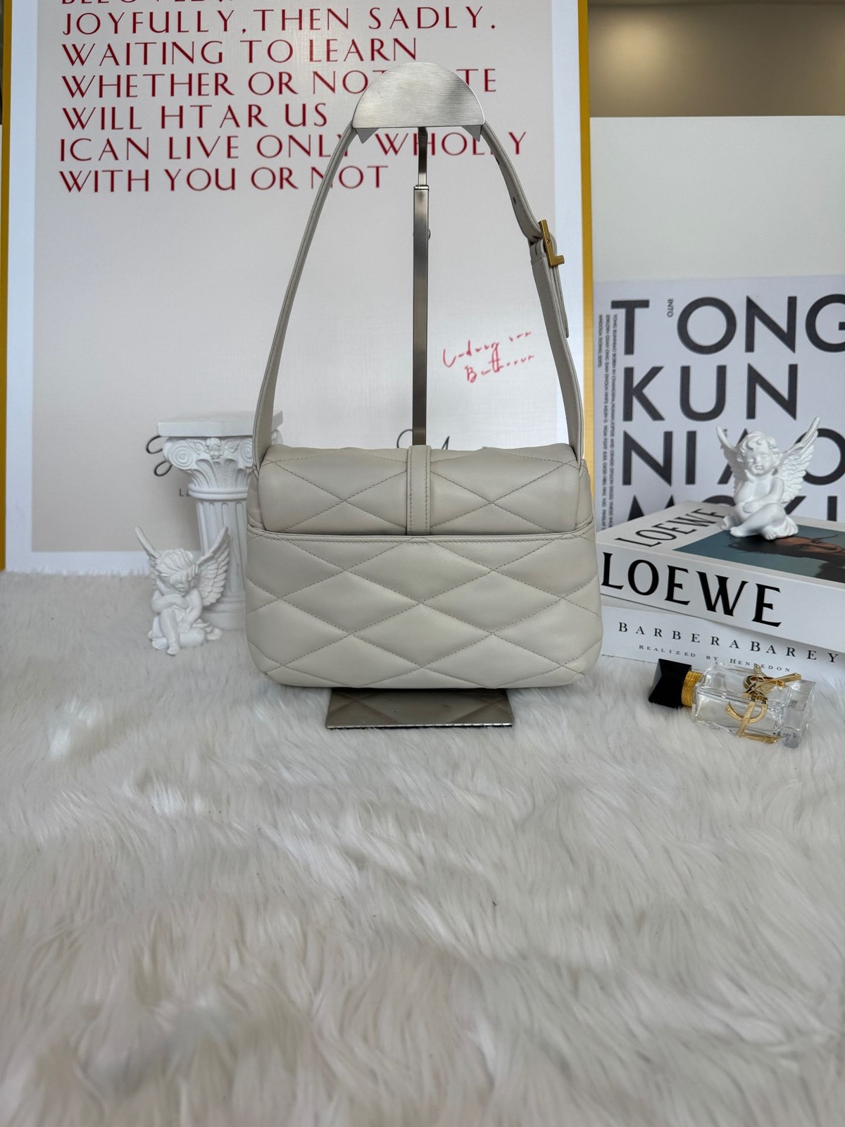 Saint Laurent Puffer Hobo Shoulder Bag White Leather GHW Adjustable Strap Auth