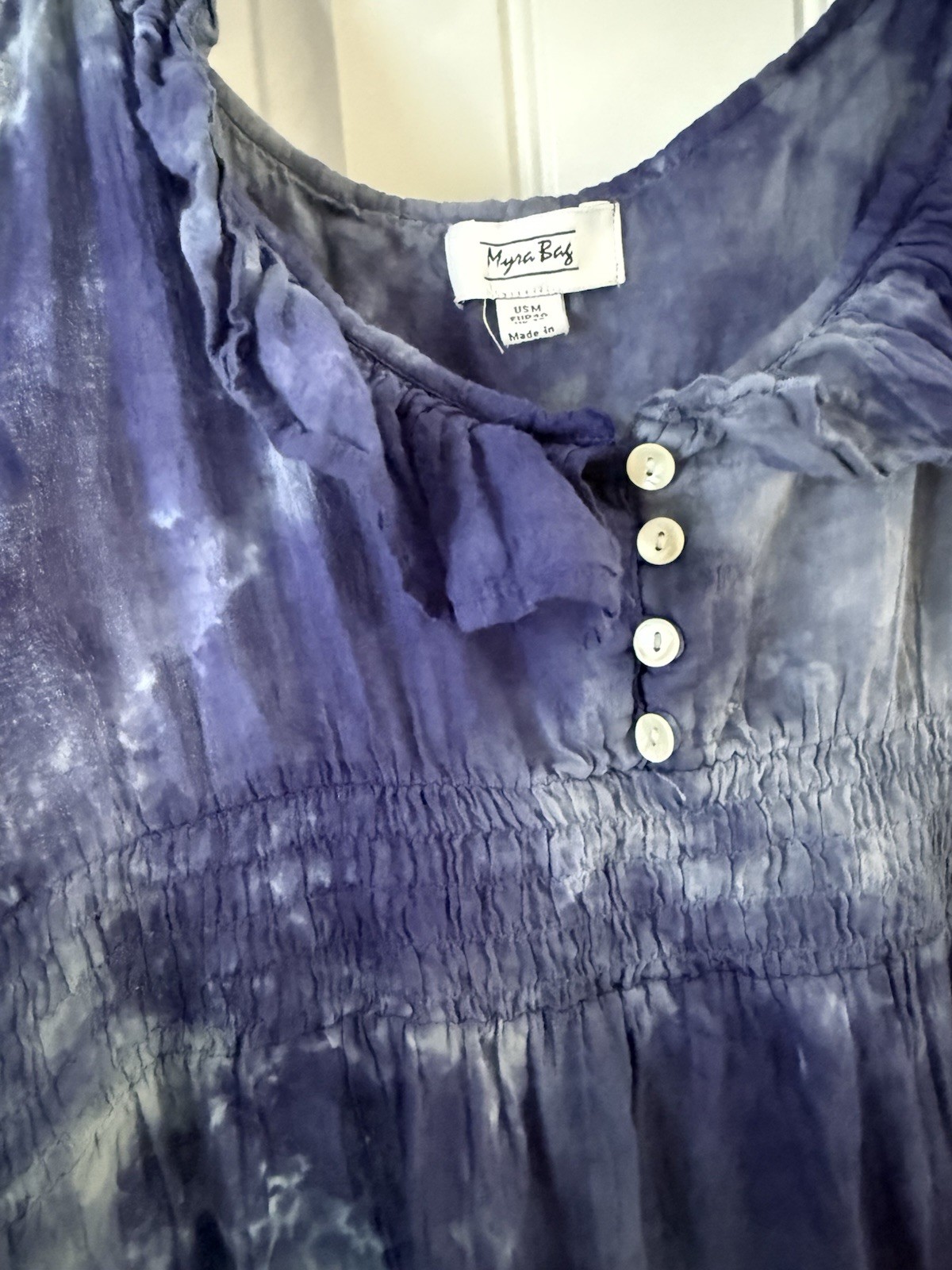 Myra Bay Blue Tie Dyed Gauzy Ruffle Hem Dress Size M Smocked Waist Boho