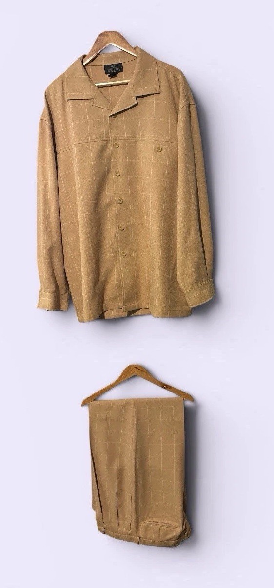 Bazzi Men’s Walking Suit 2XL Camel Windowpane Shirt & Pants Set 42×34