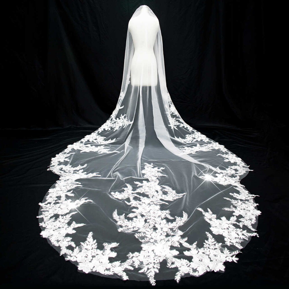 Bridal Wedding Veil Flower Applique Edge Lace Cathedral Length With Comb