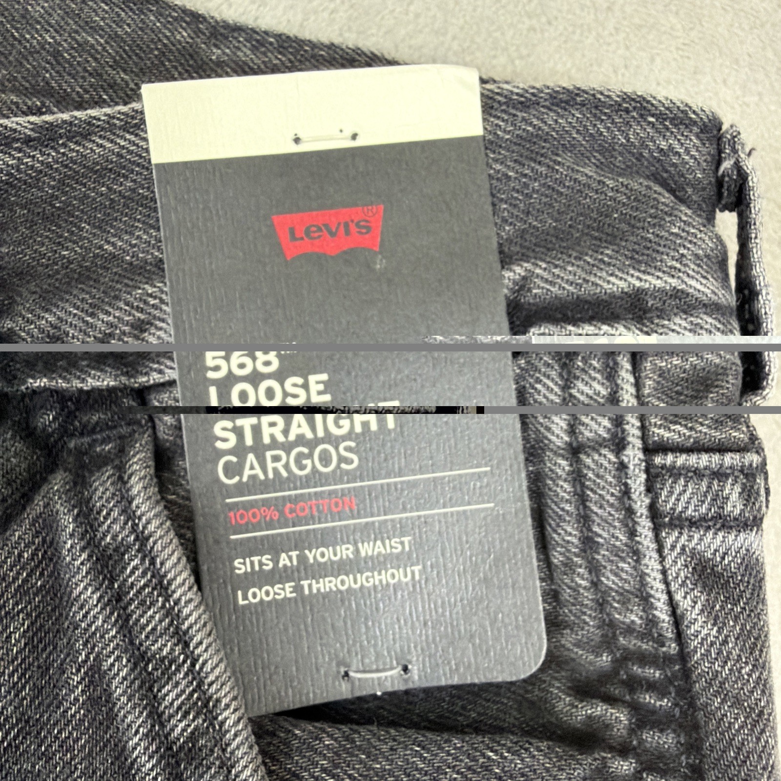 Levi’s 568 Premium Jeans Mens Size 33×32 Black Loose Straight Cargo Denim Cotton