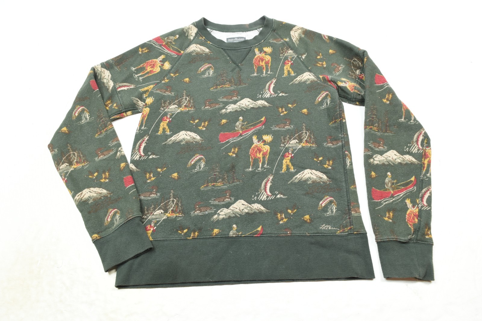 LL Bean Signature Outdoorsman Sweater Mens Small Green Long Sleeve Pullover Crew